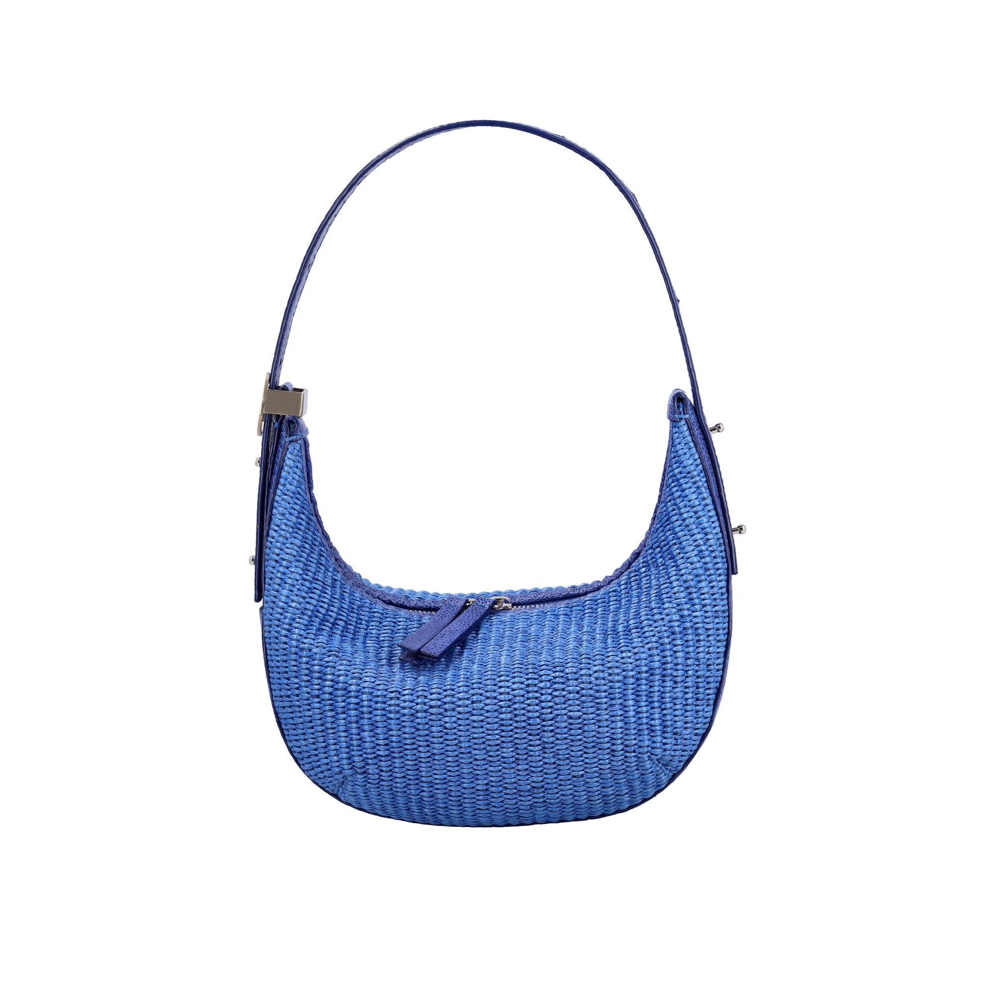 Blue woven handbag on a white background