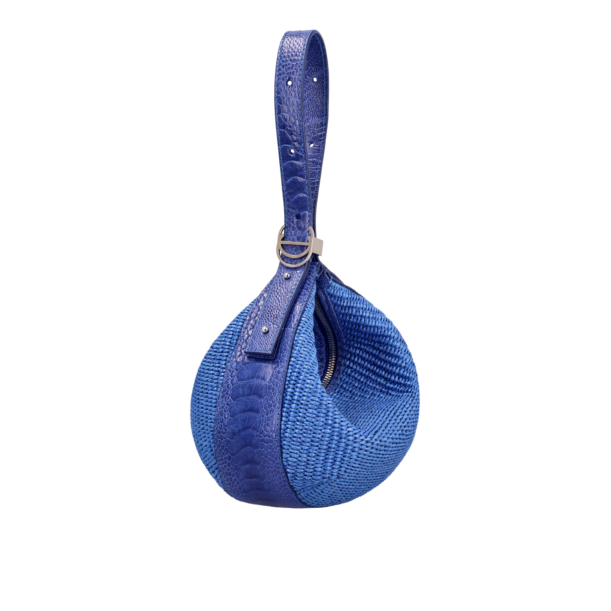 Blue woven handbag on a white background