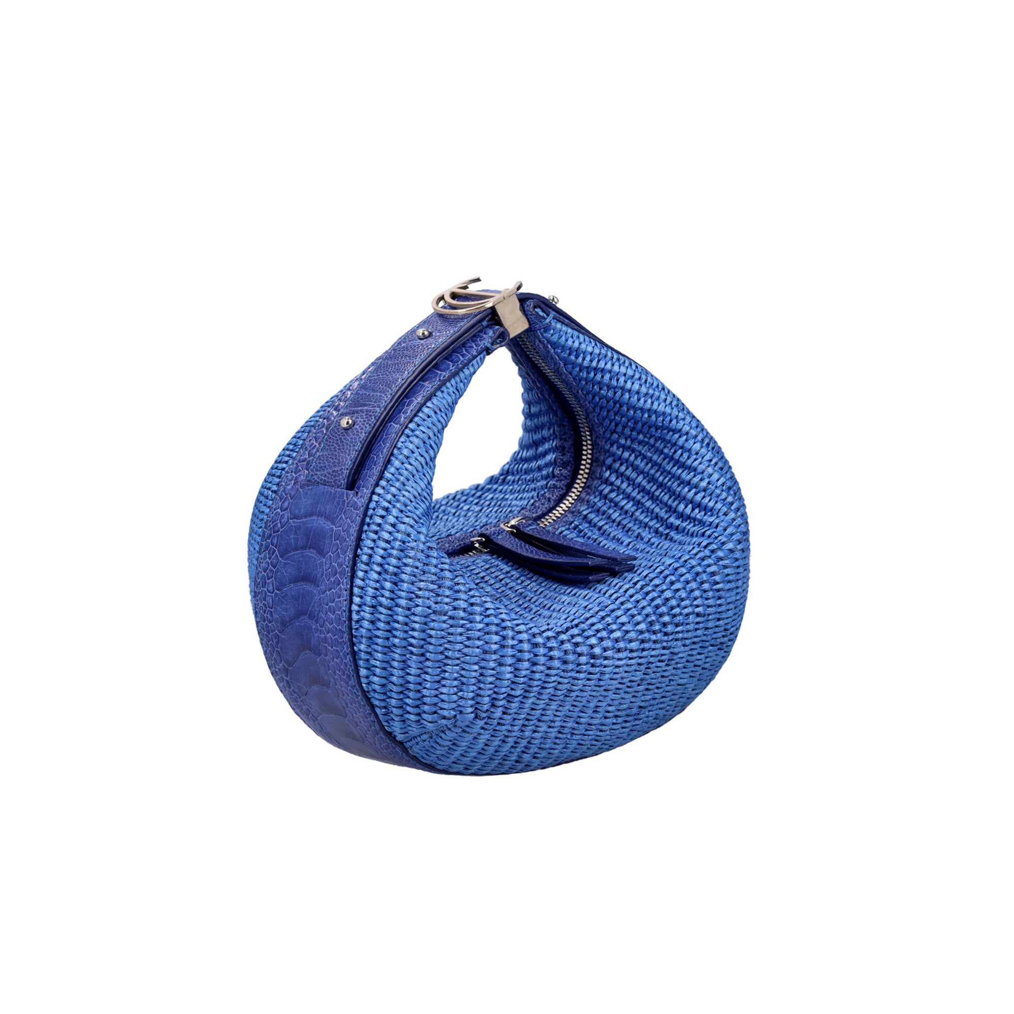Blue woven handbag on a white background