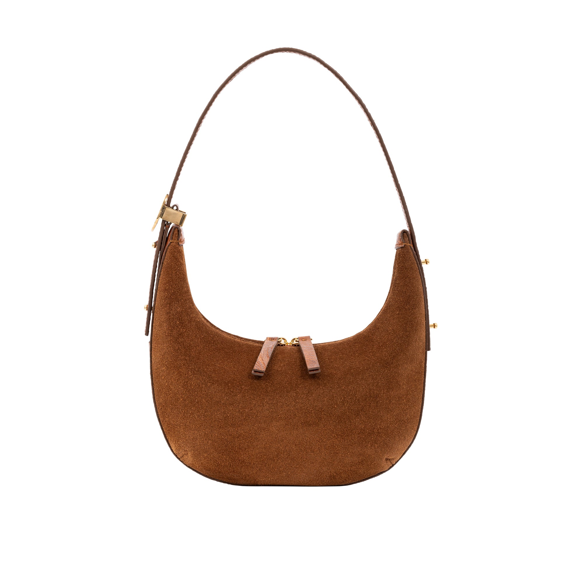 Brown suede handbag with a strap on a white background