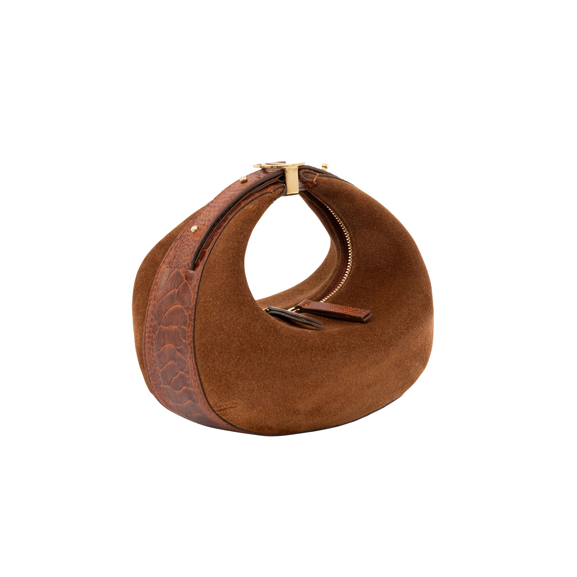 Brown suede handbag with a strap on a white background