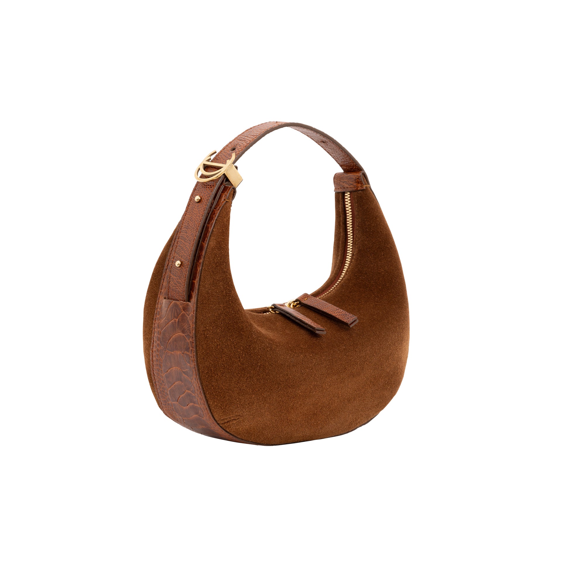 Brown suede handbag with a strap on a white background