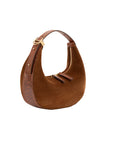 Brown suede handbag with a strap on a white background