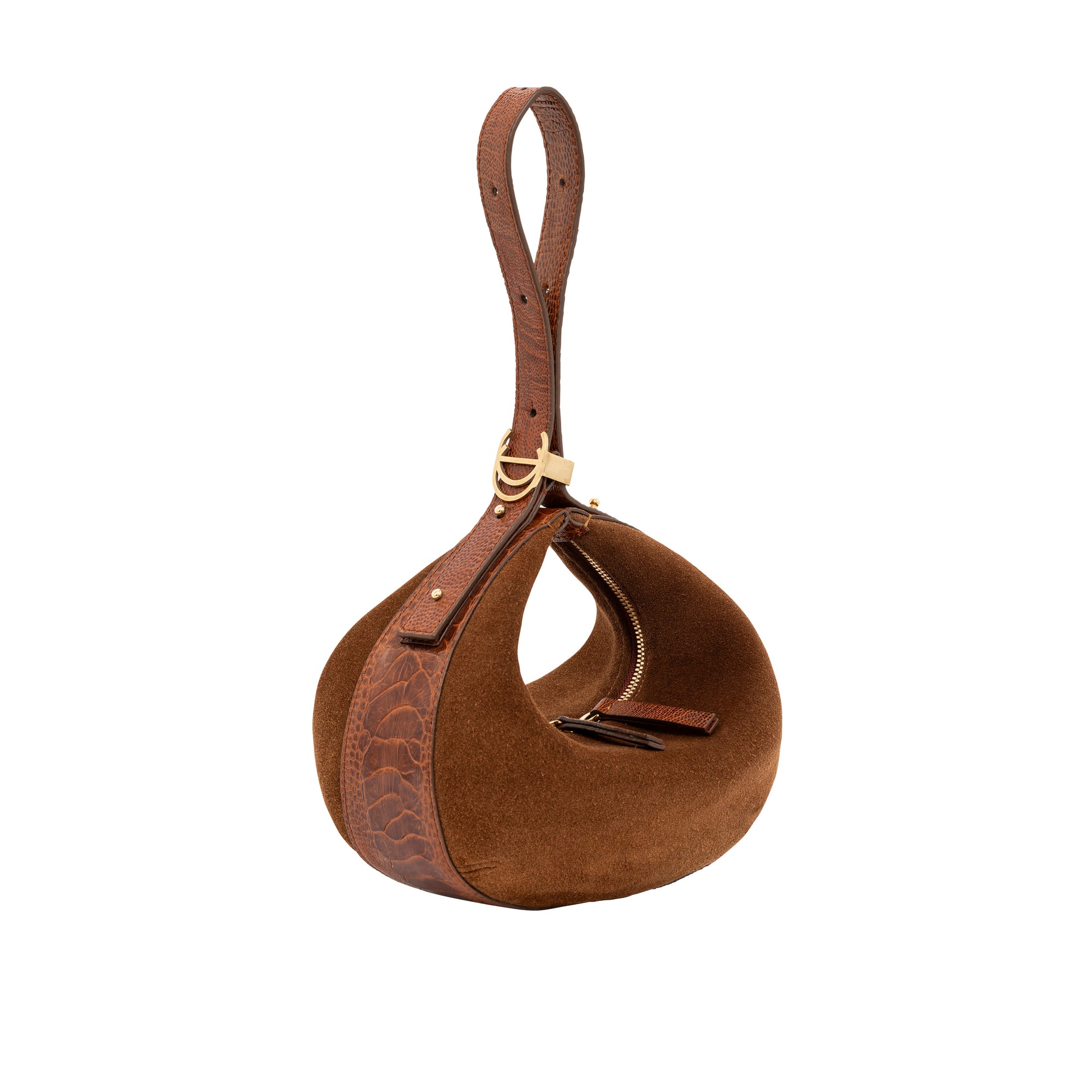 Brown suede handbag with a strap on a white background