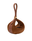 Brown suede handbag with a strap on a white background