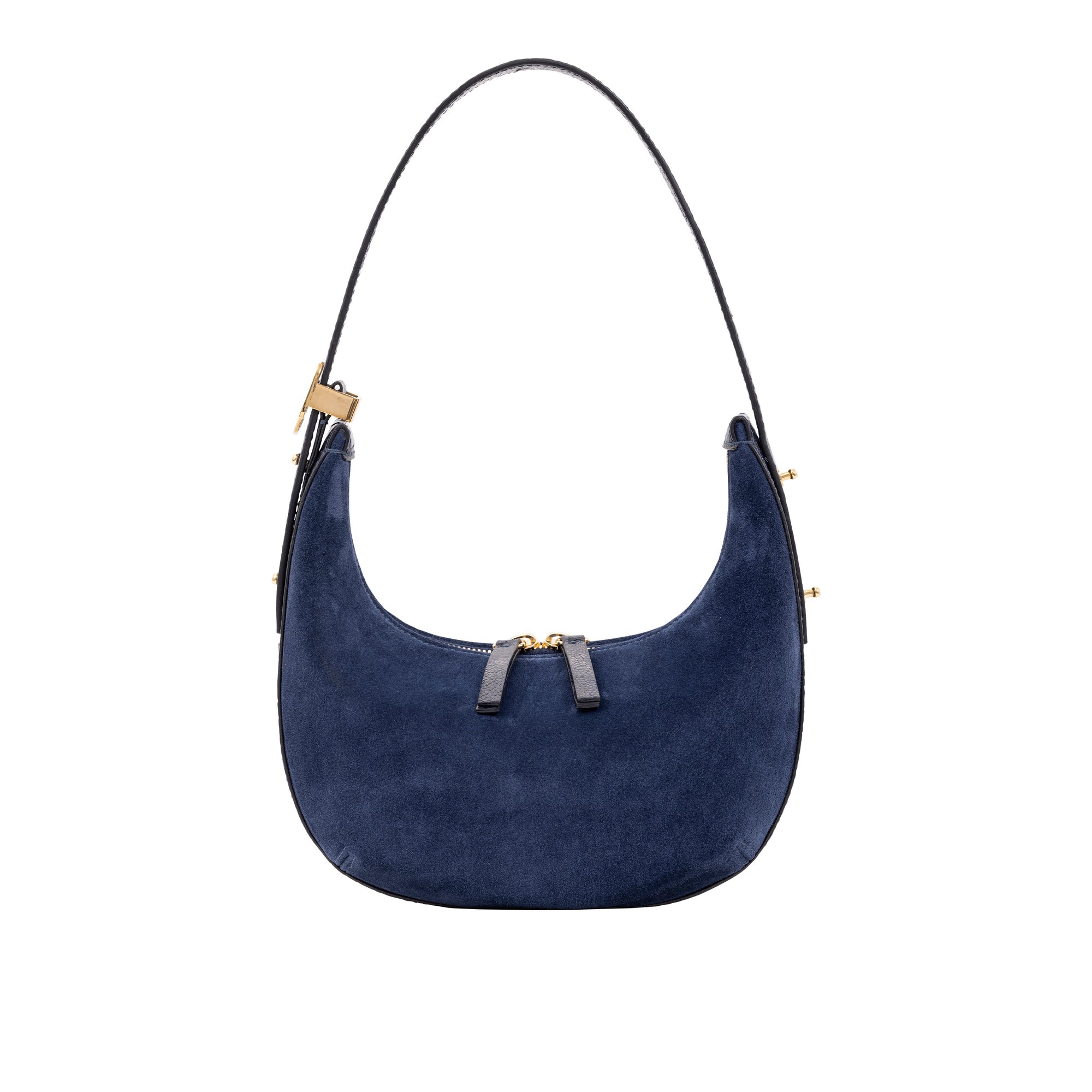 Blue suede handbag with gold accents on a white background