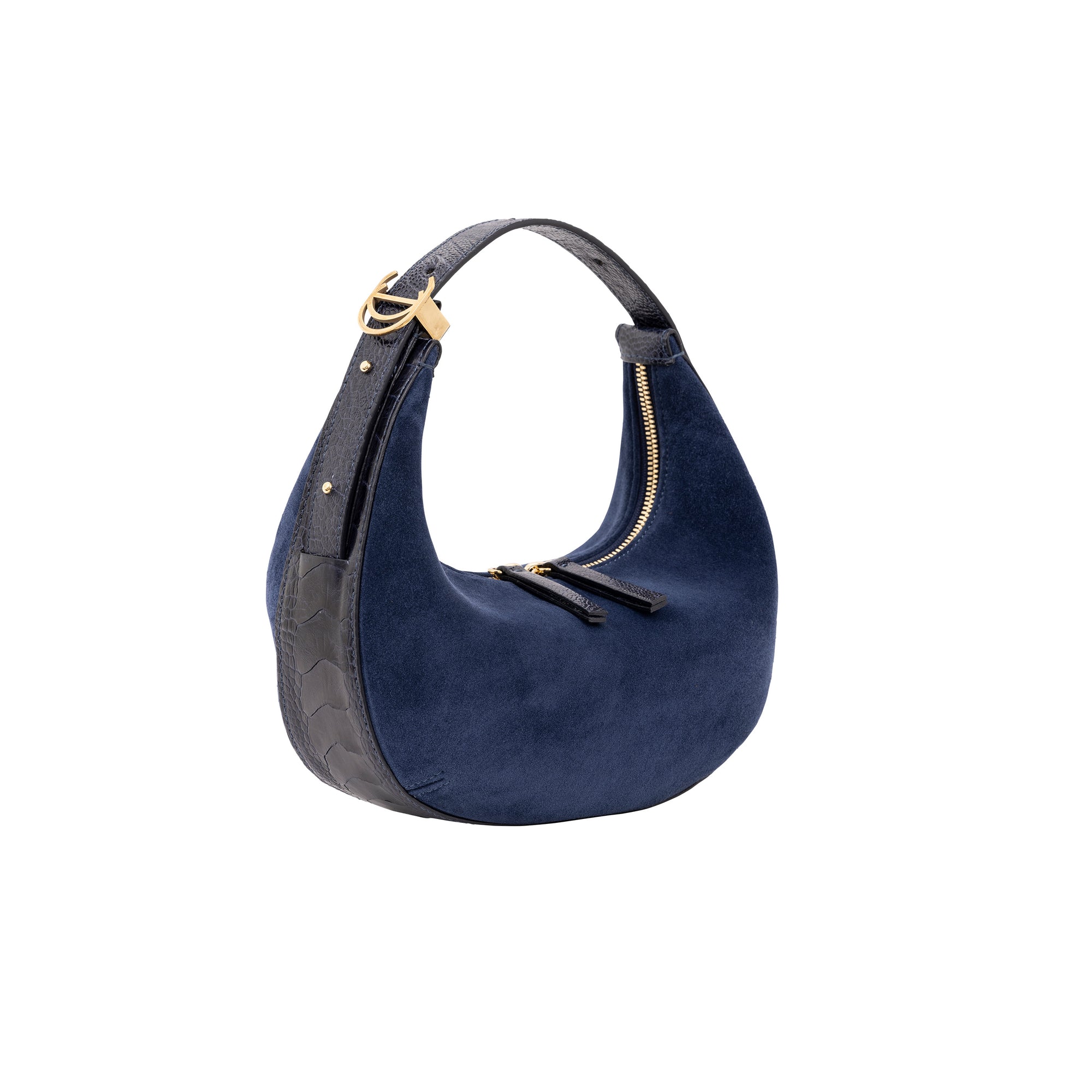 Blue suede handbag with gold accents on a white background