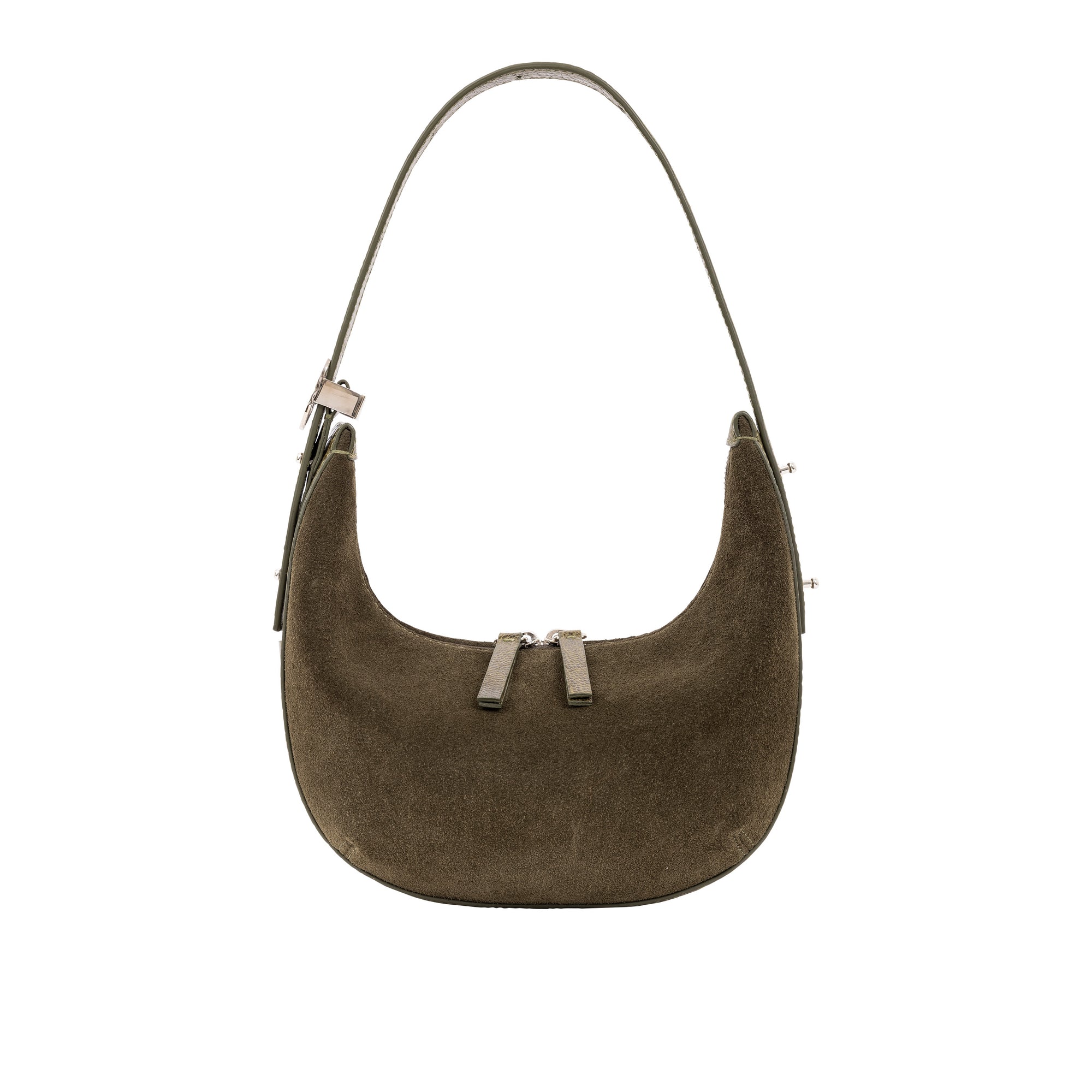 Brown suede handbag with a strap on a white background