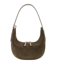 Brown suede handbag with a strap on a white background