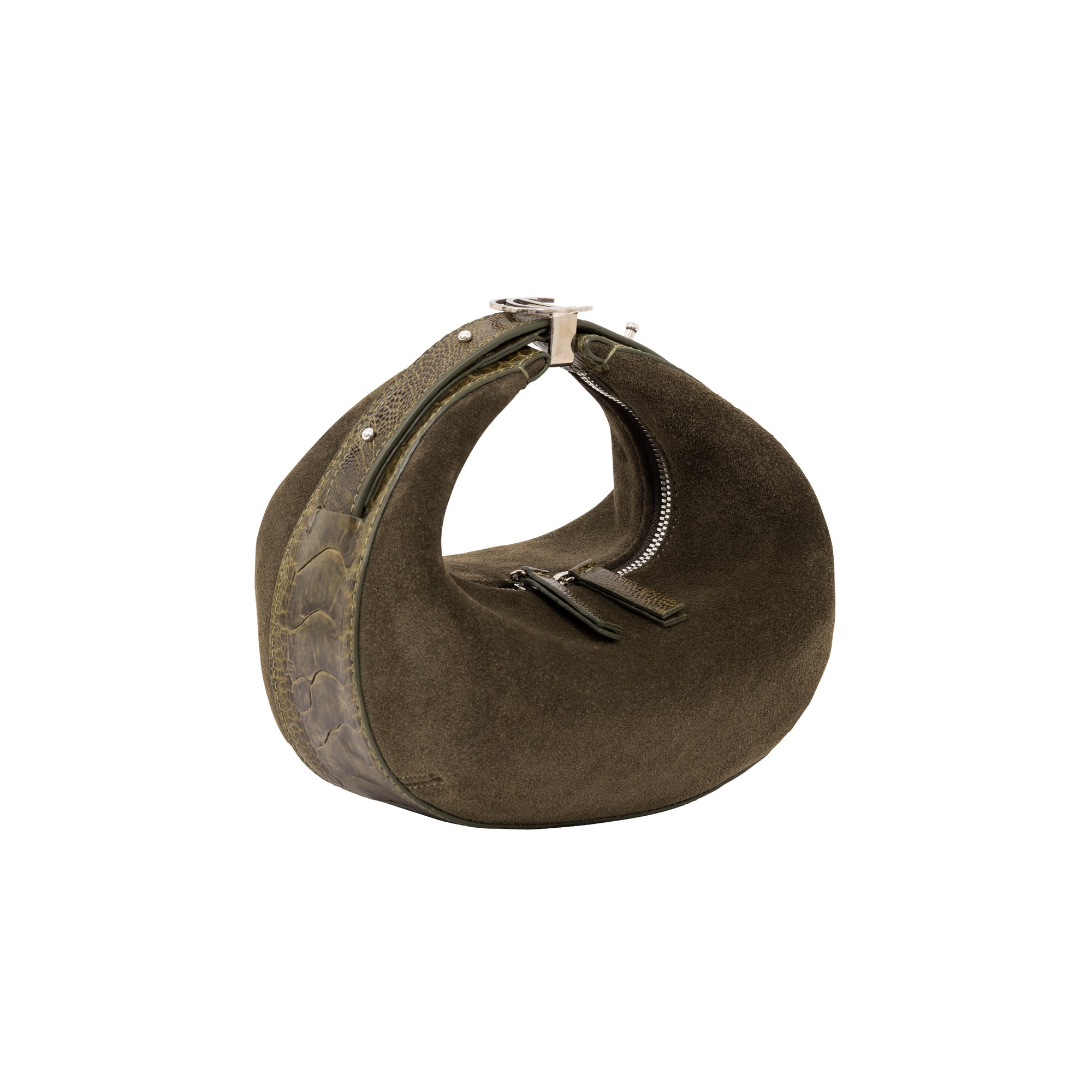 Brown suede handbag with a strap on a white background