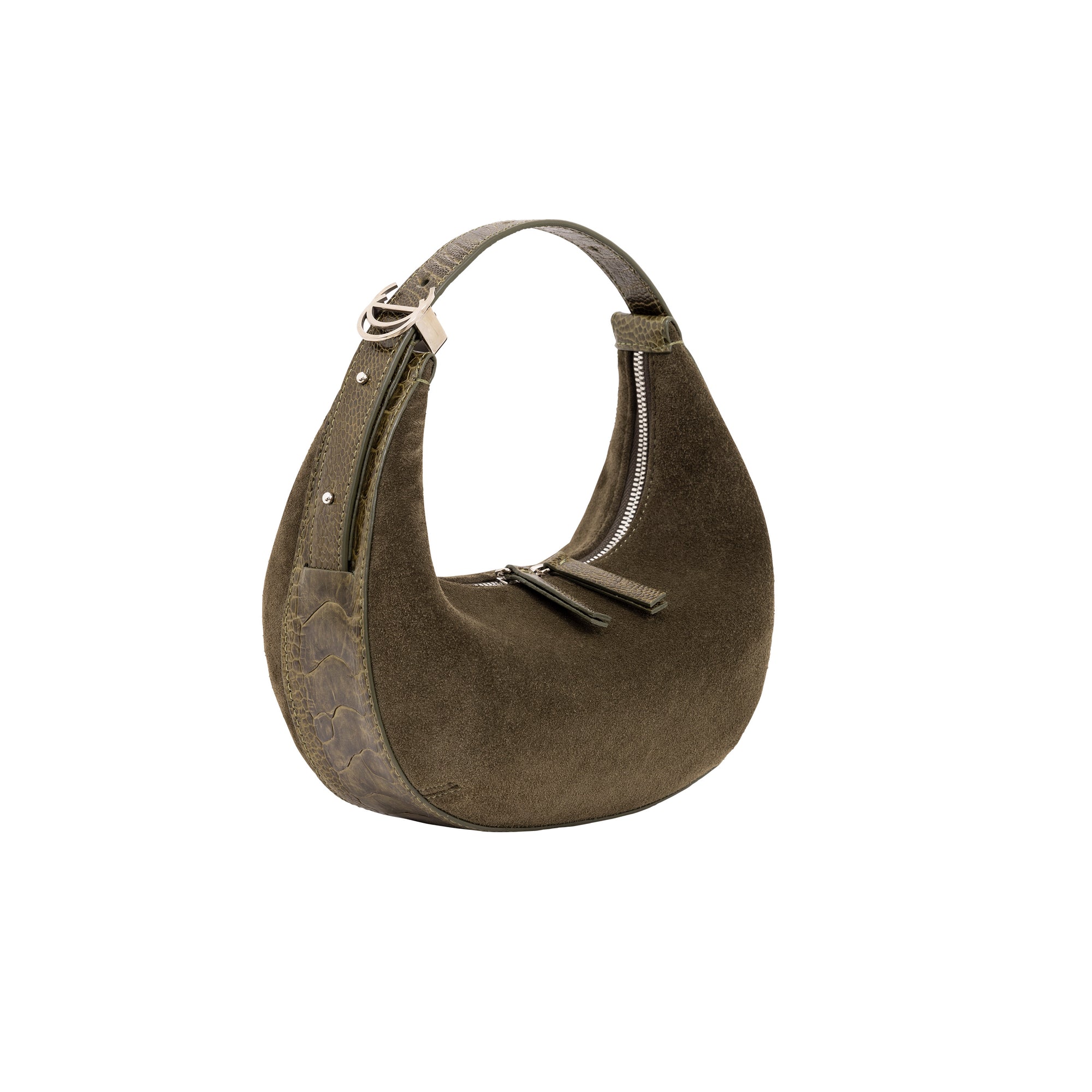 Brown suede handbag with a strap on a white background