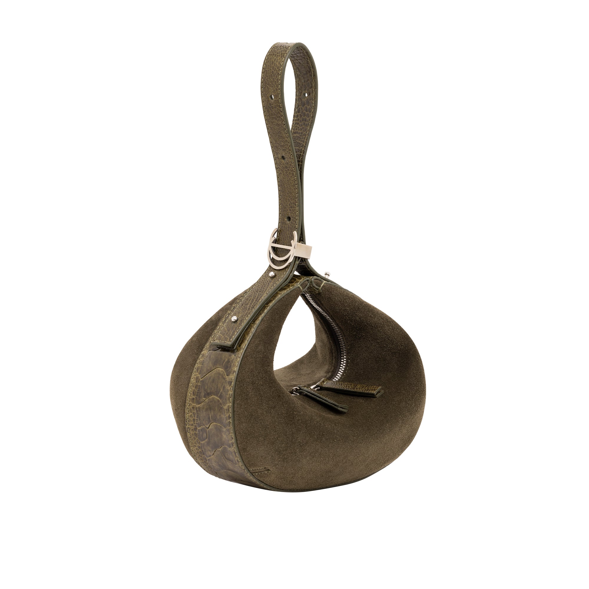 Brown suede handbag with a strap on a white background