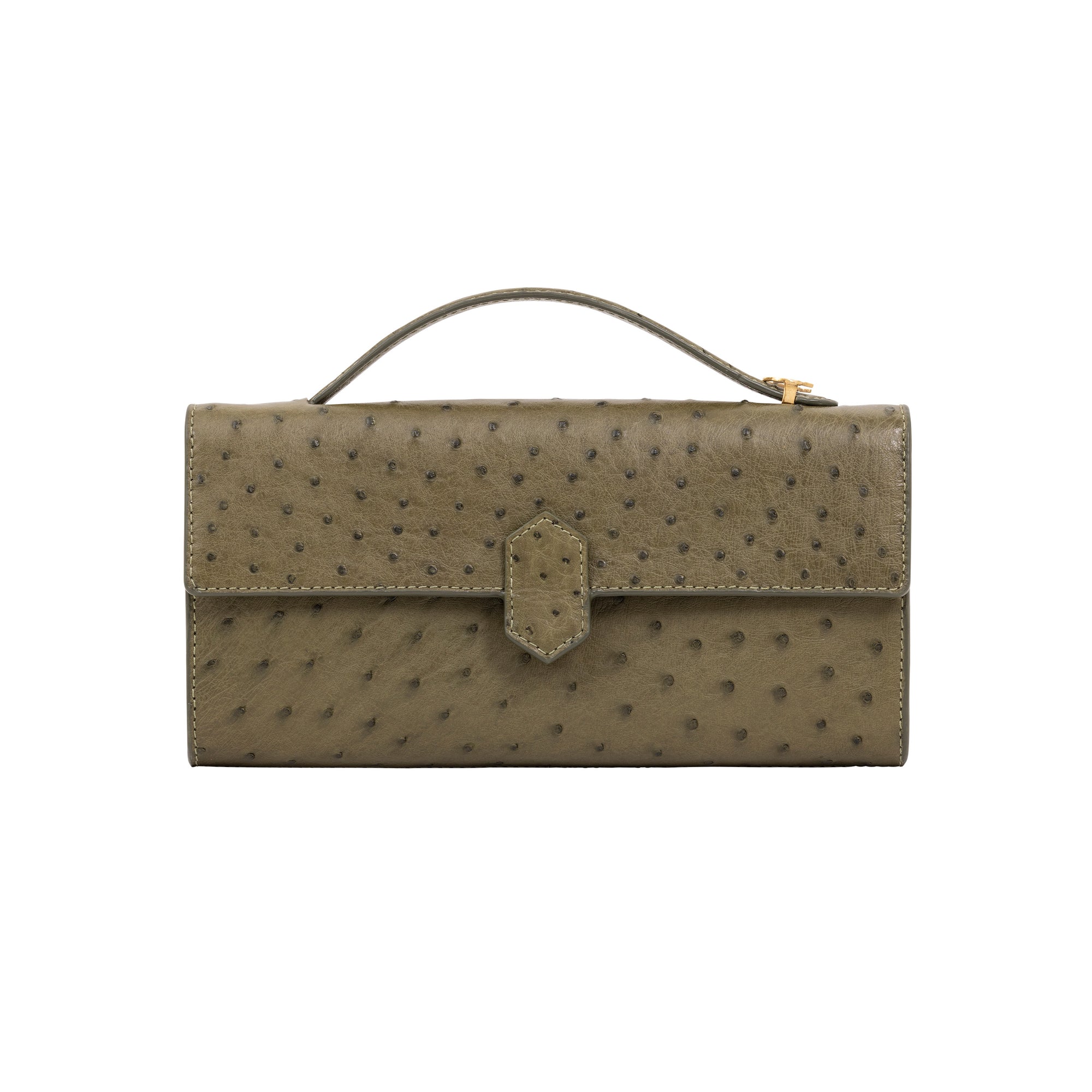 Front of ostrich jungle green textured clutch bag on a white background