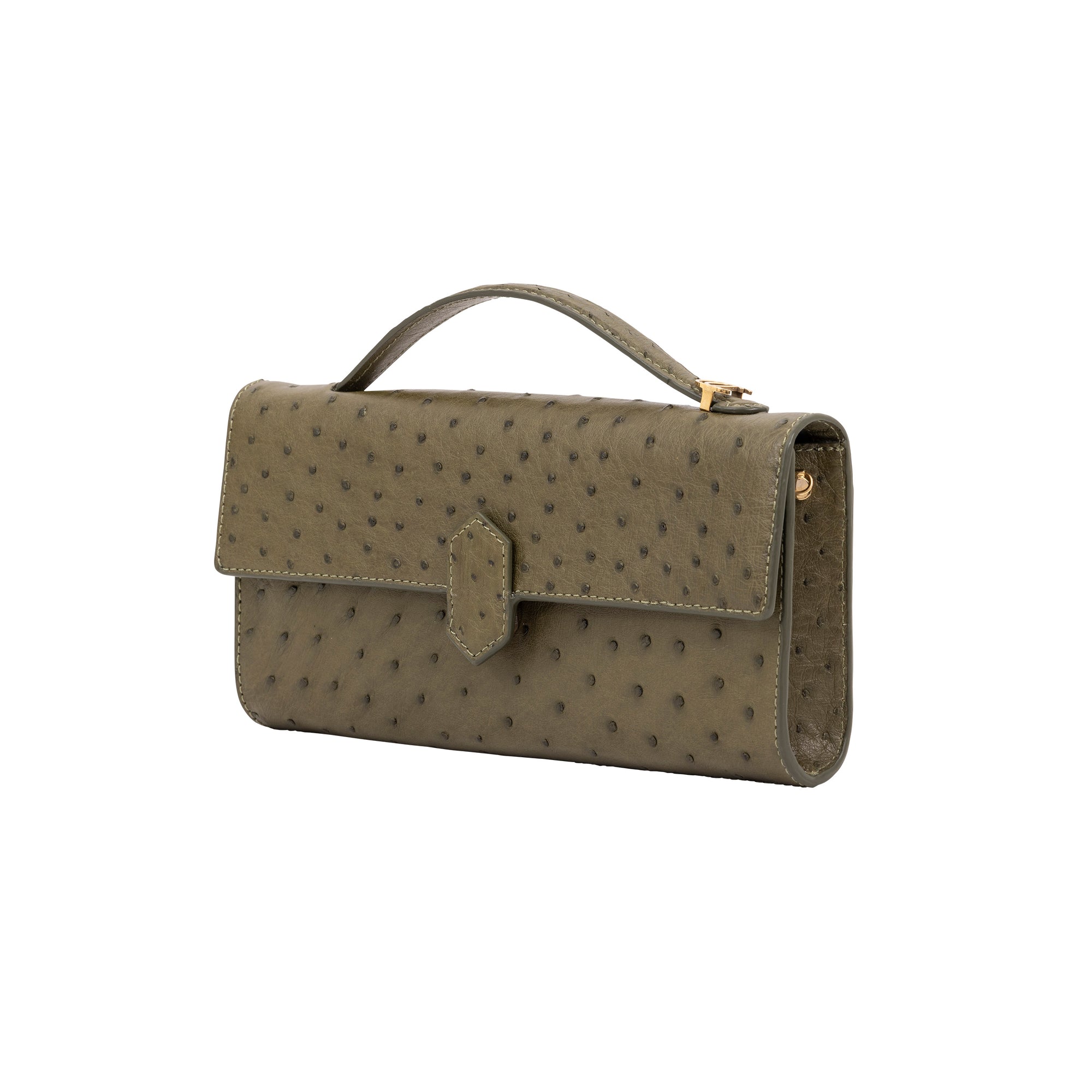 Side of ostrich jungle green textured clutch bag on a white background