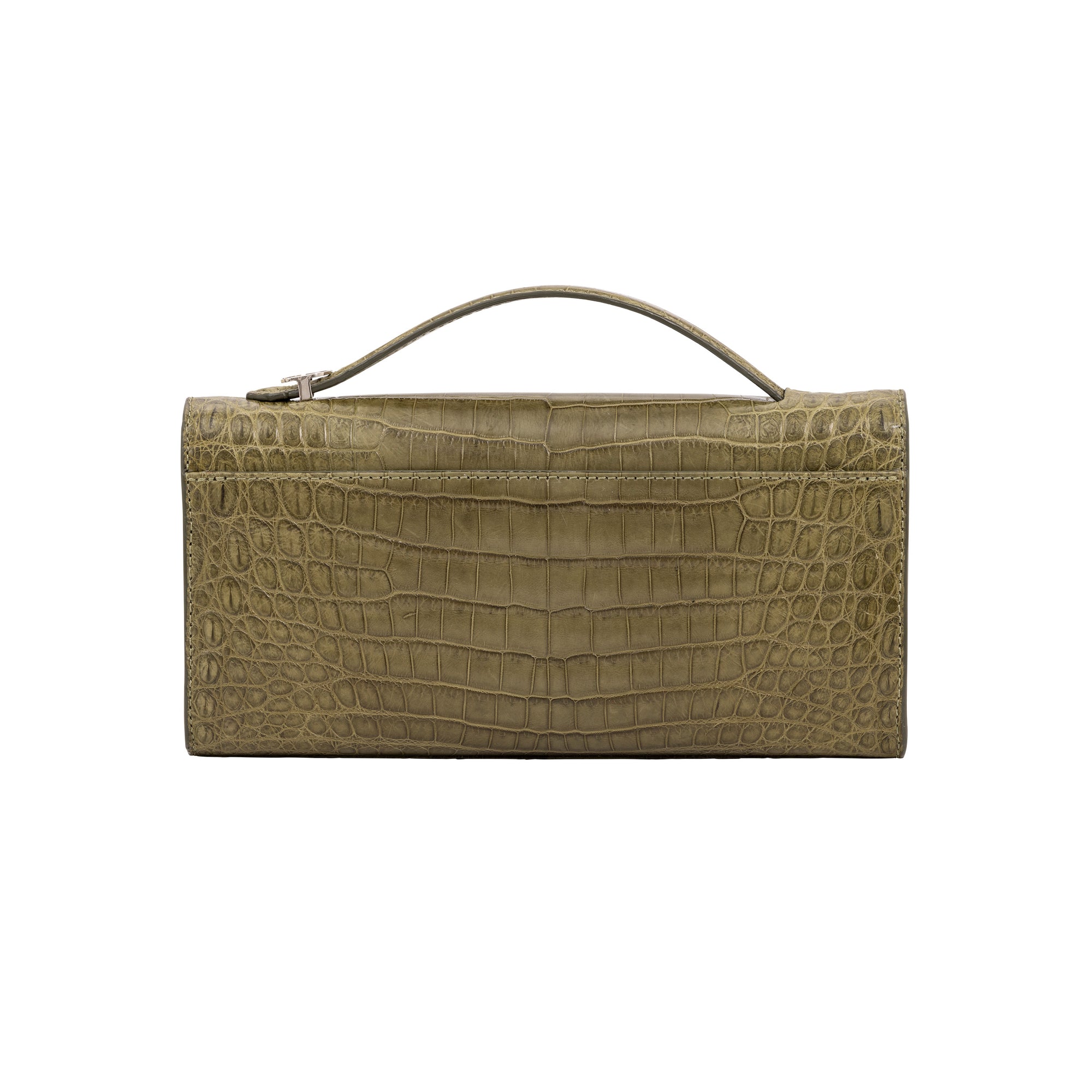 Back of crocodile forest green textured clutch bag on a white background