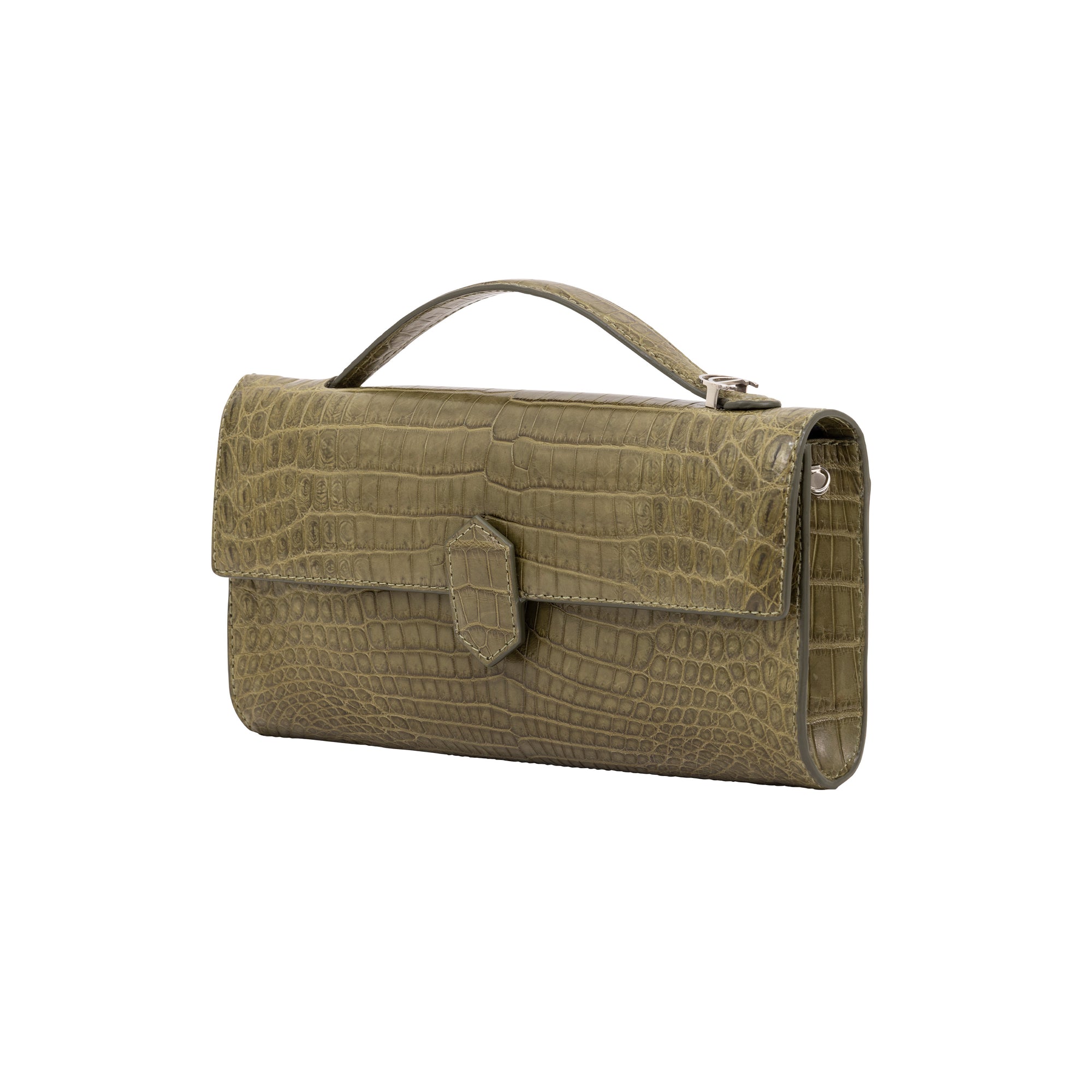 Side of crocodile forest green textured clutch bag on a white background