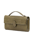 Side of crocodile forest green textured clutch bag on a white background