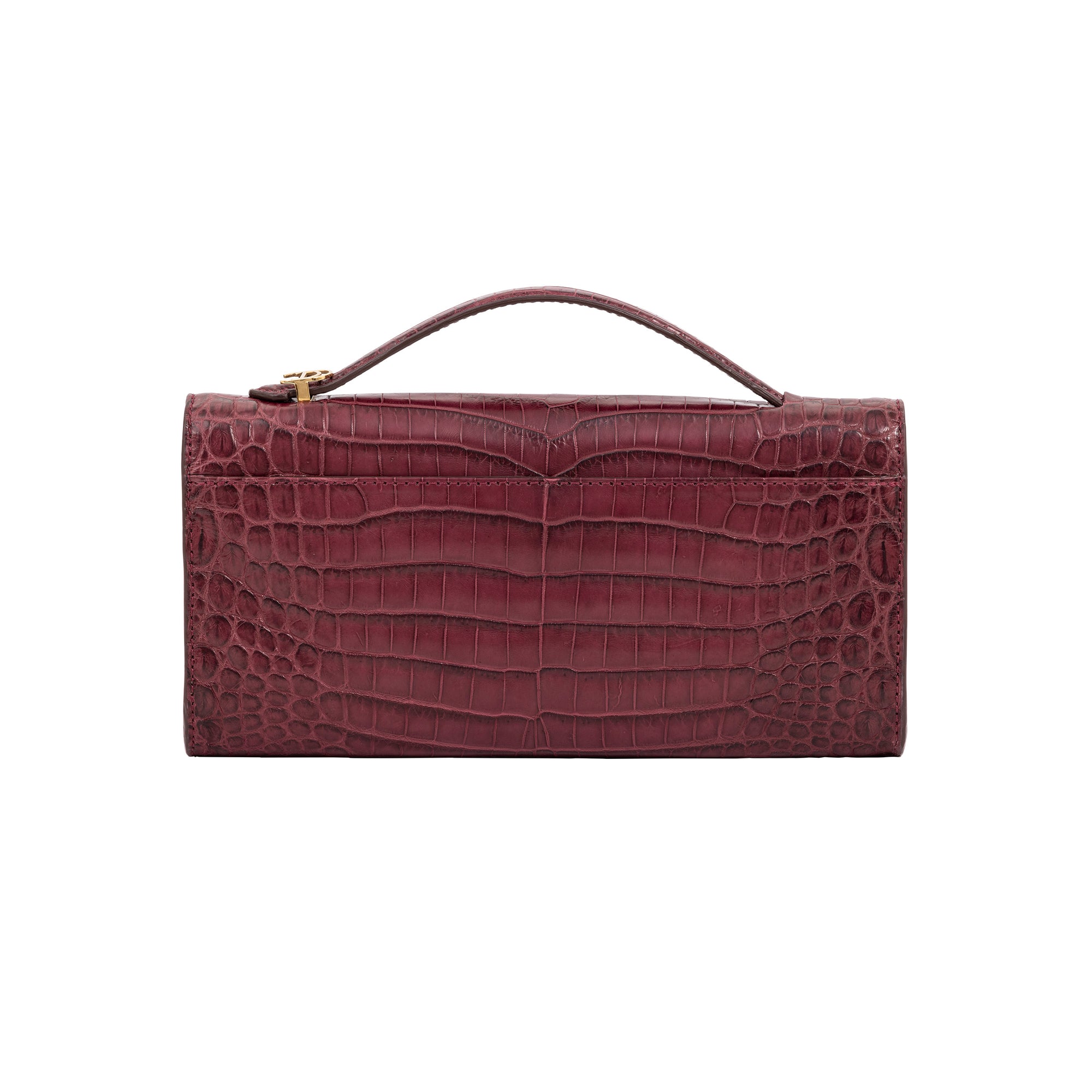 Back of crocodile red textured clutch bag on a white background