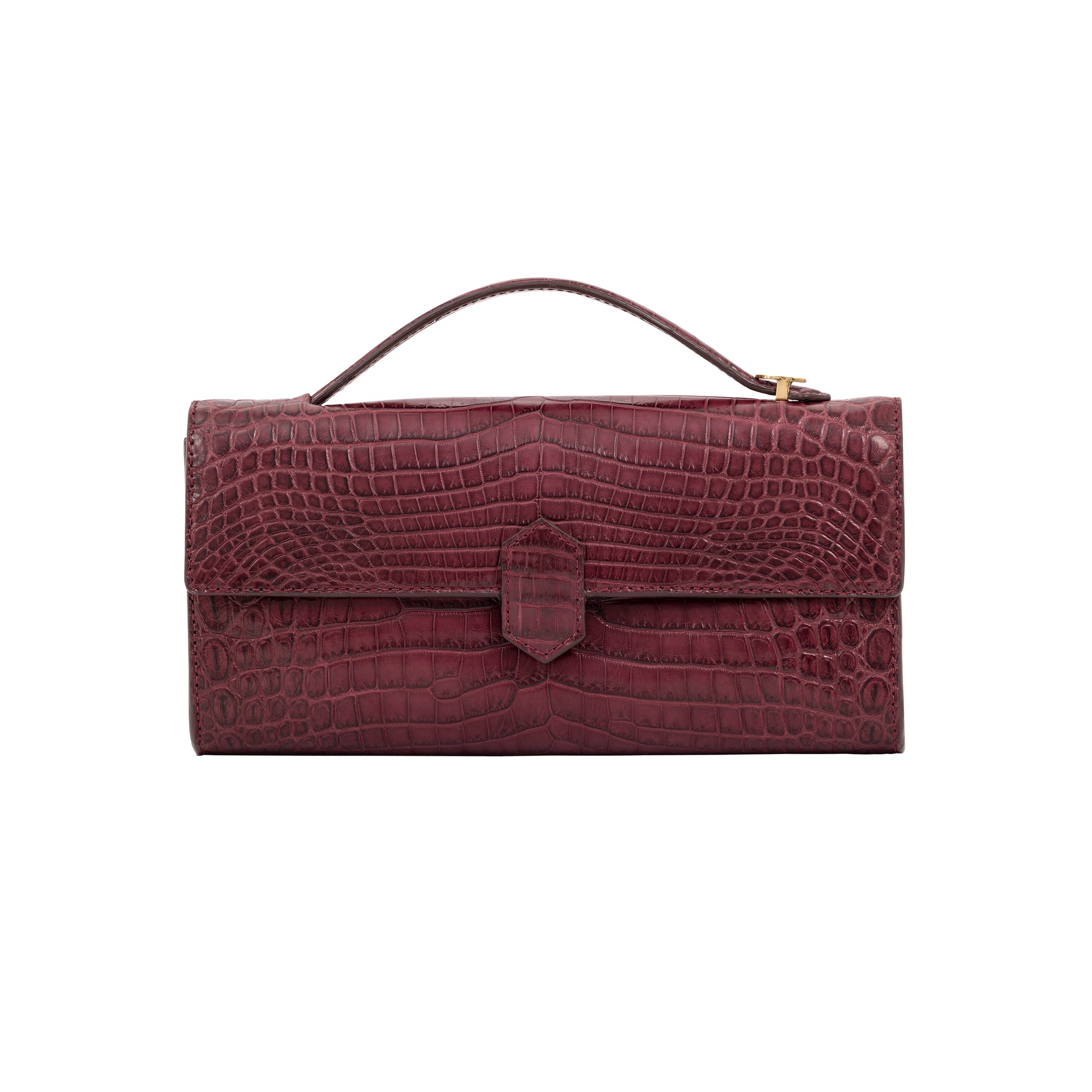 Front of crocodile red textured clutch bag on a white background