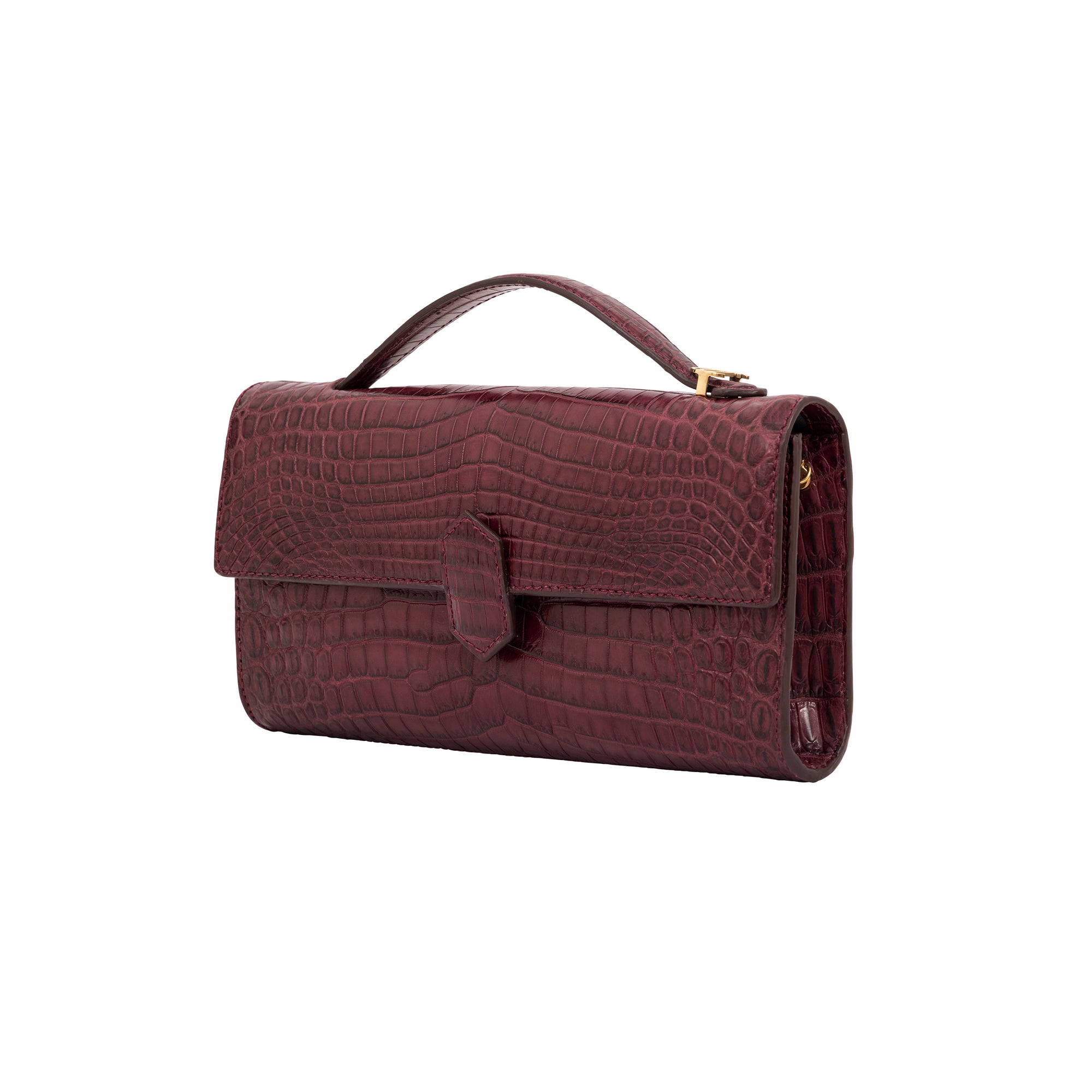 Side of crocodile red textured clutch bag on a white background