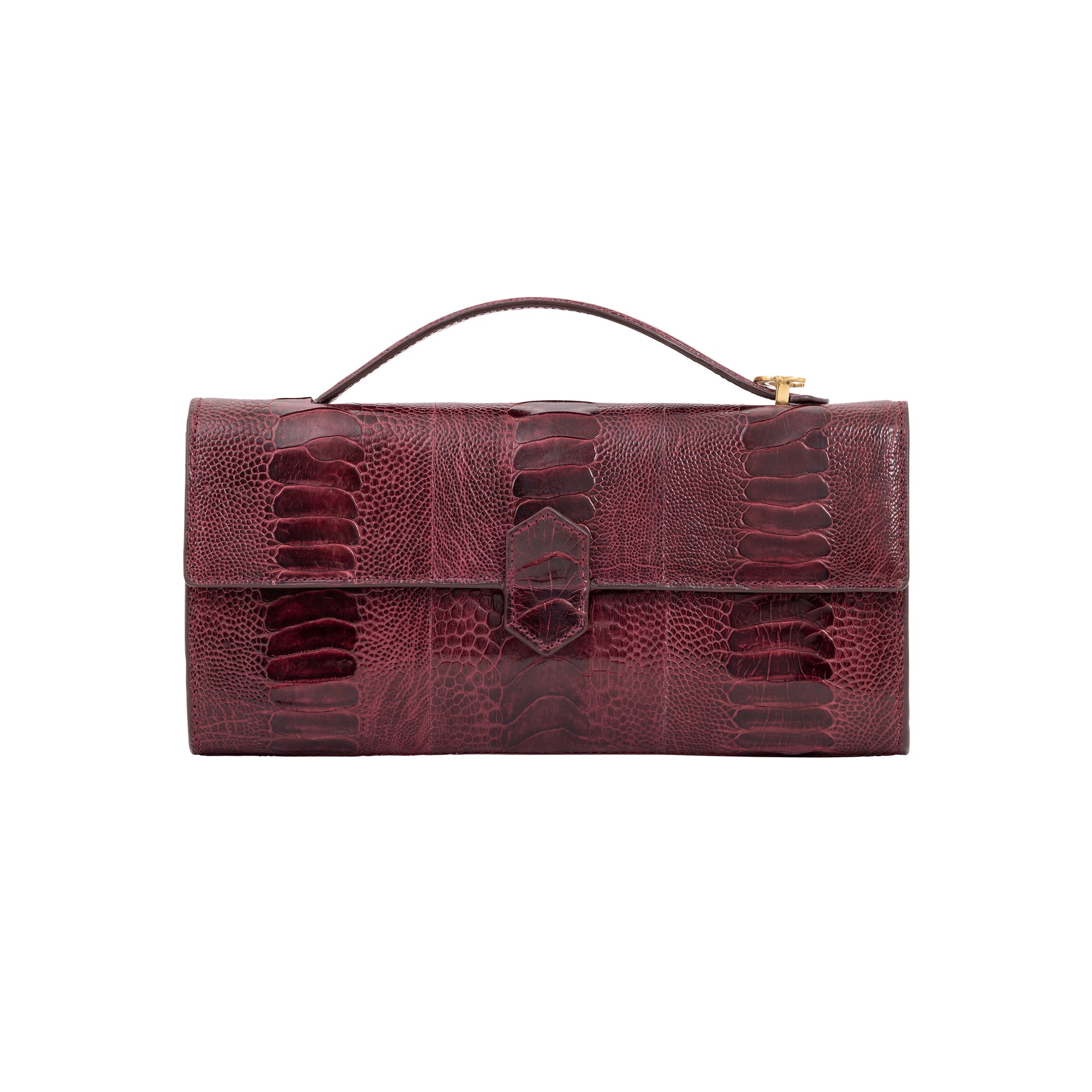 Front of red textured clutch bag on a white background