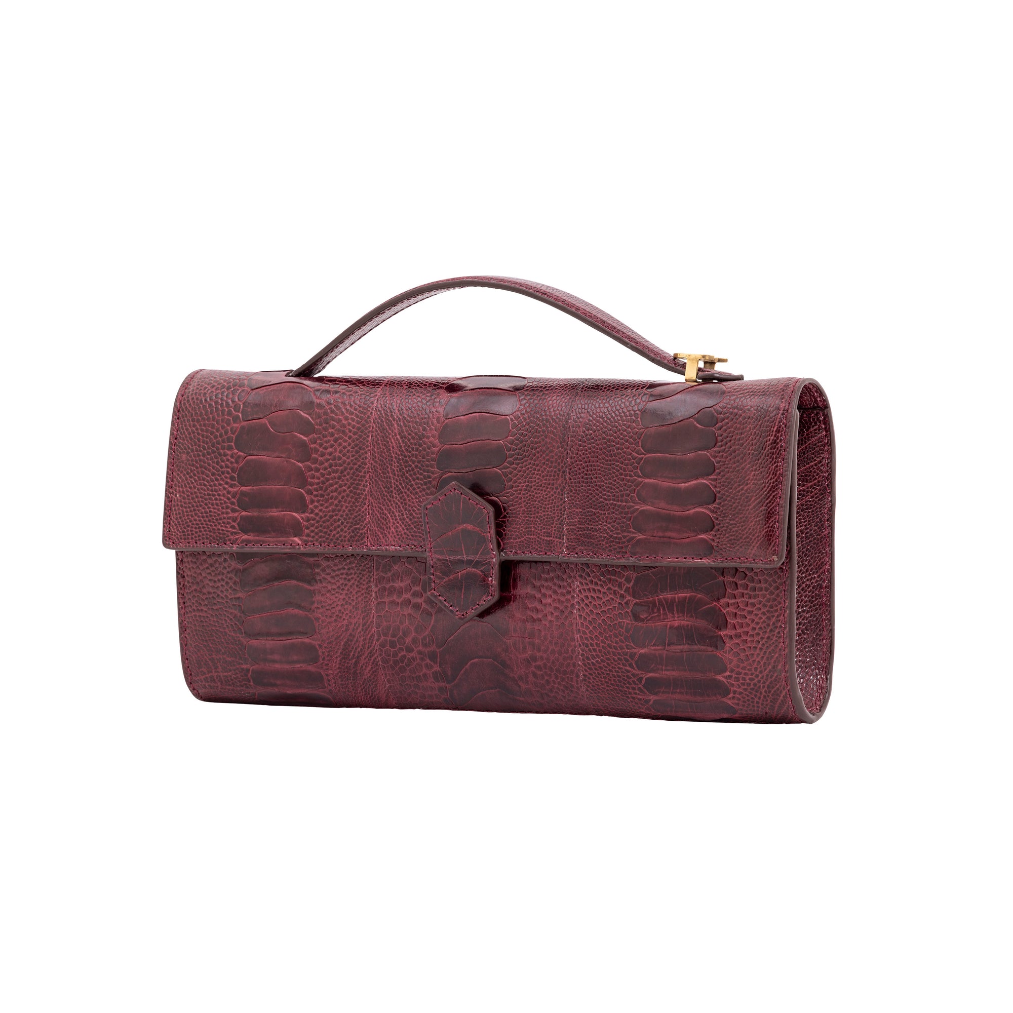 Side of red textured clutch bag on a white background