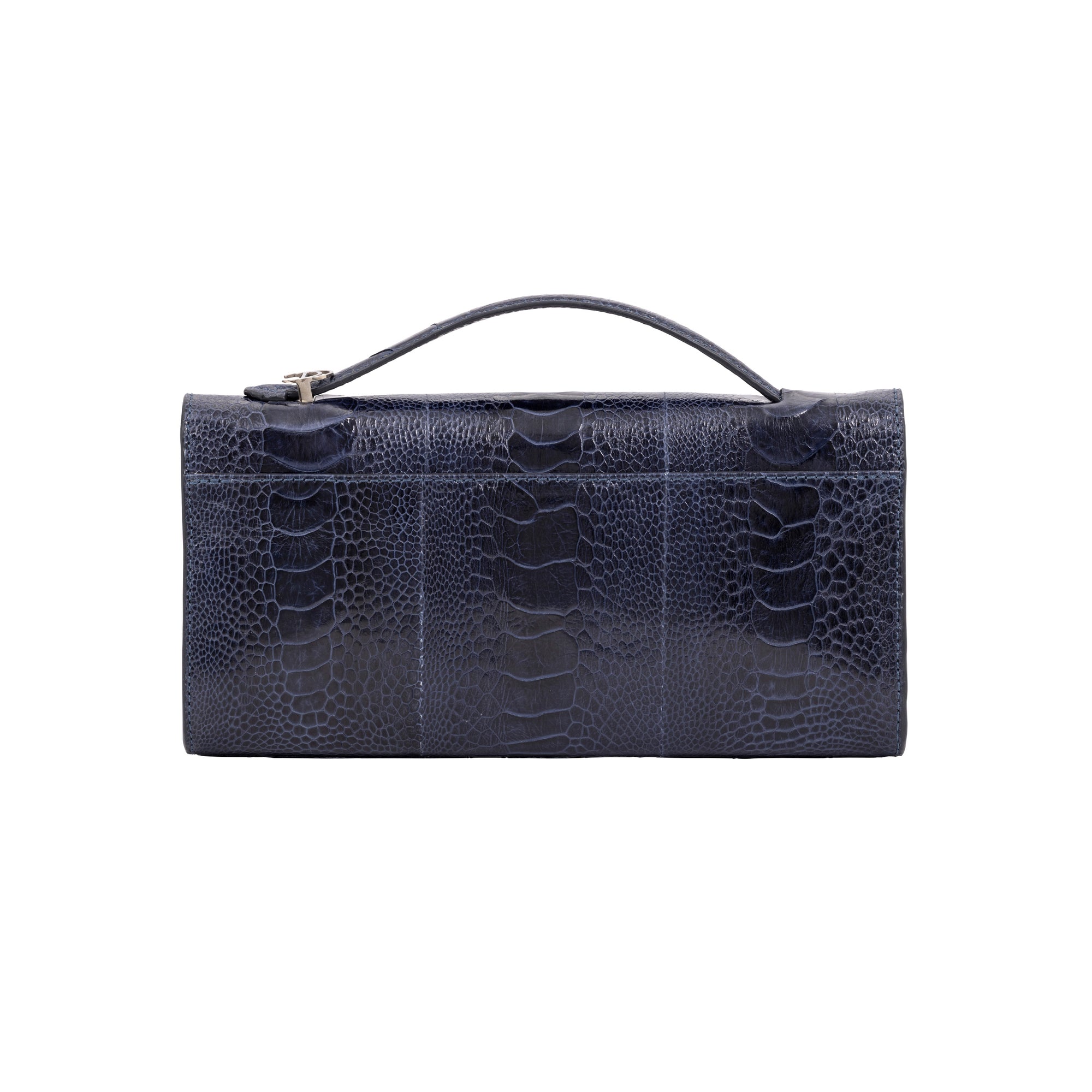 Back side of navy ostrich textured handbag on a white background