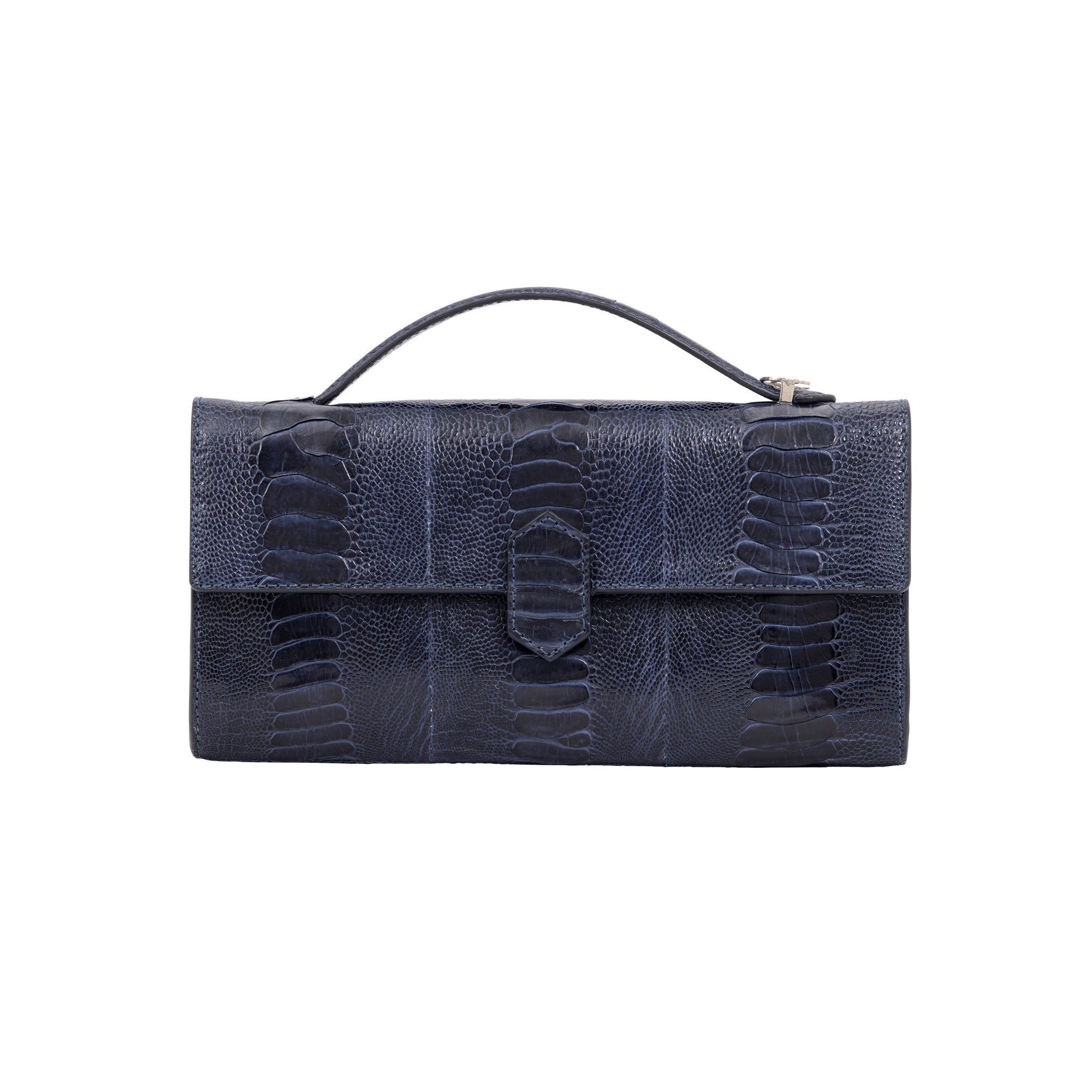 Front side of navy ostrich textured handbag on a white background