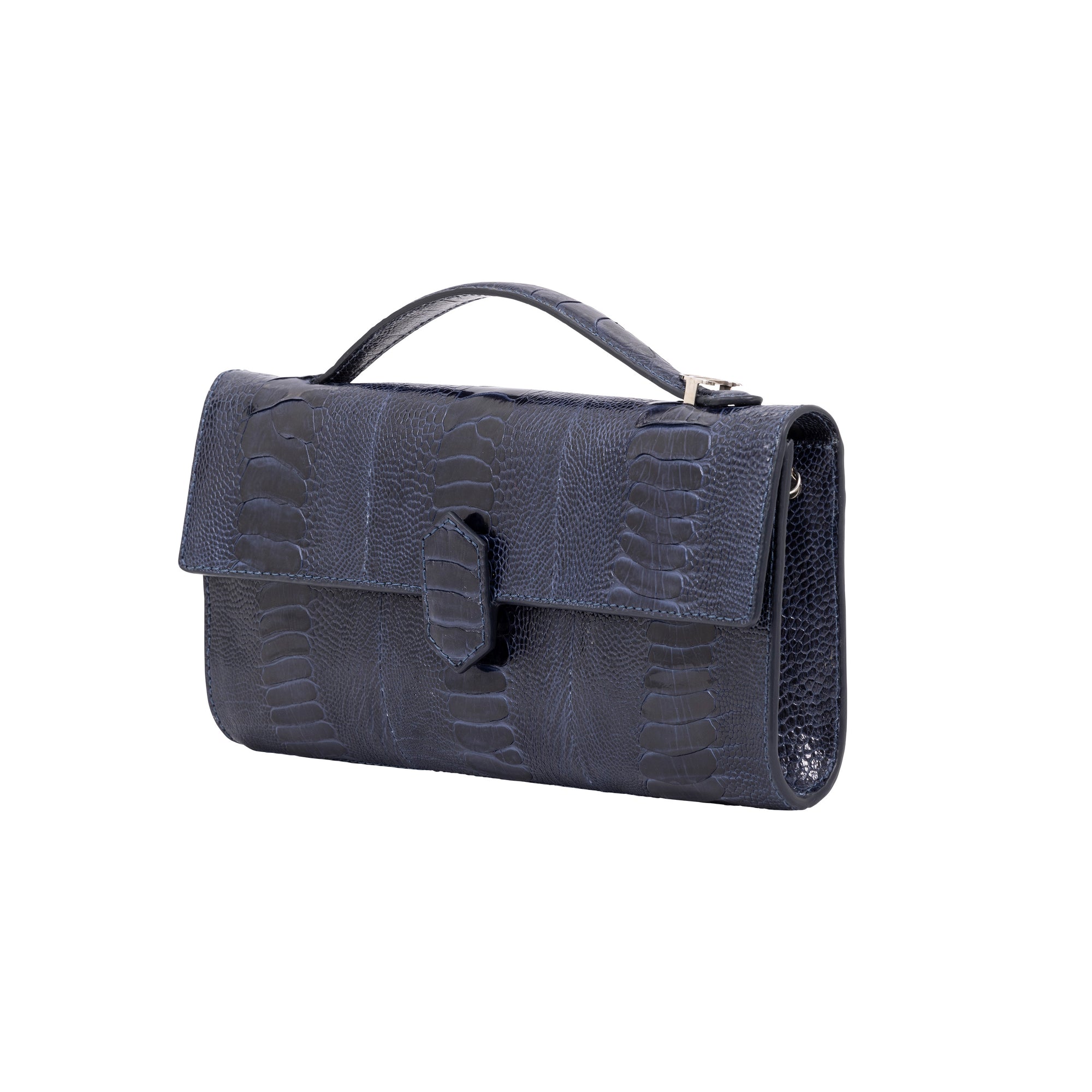 Side of navy ostrich textured handbag on a white background