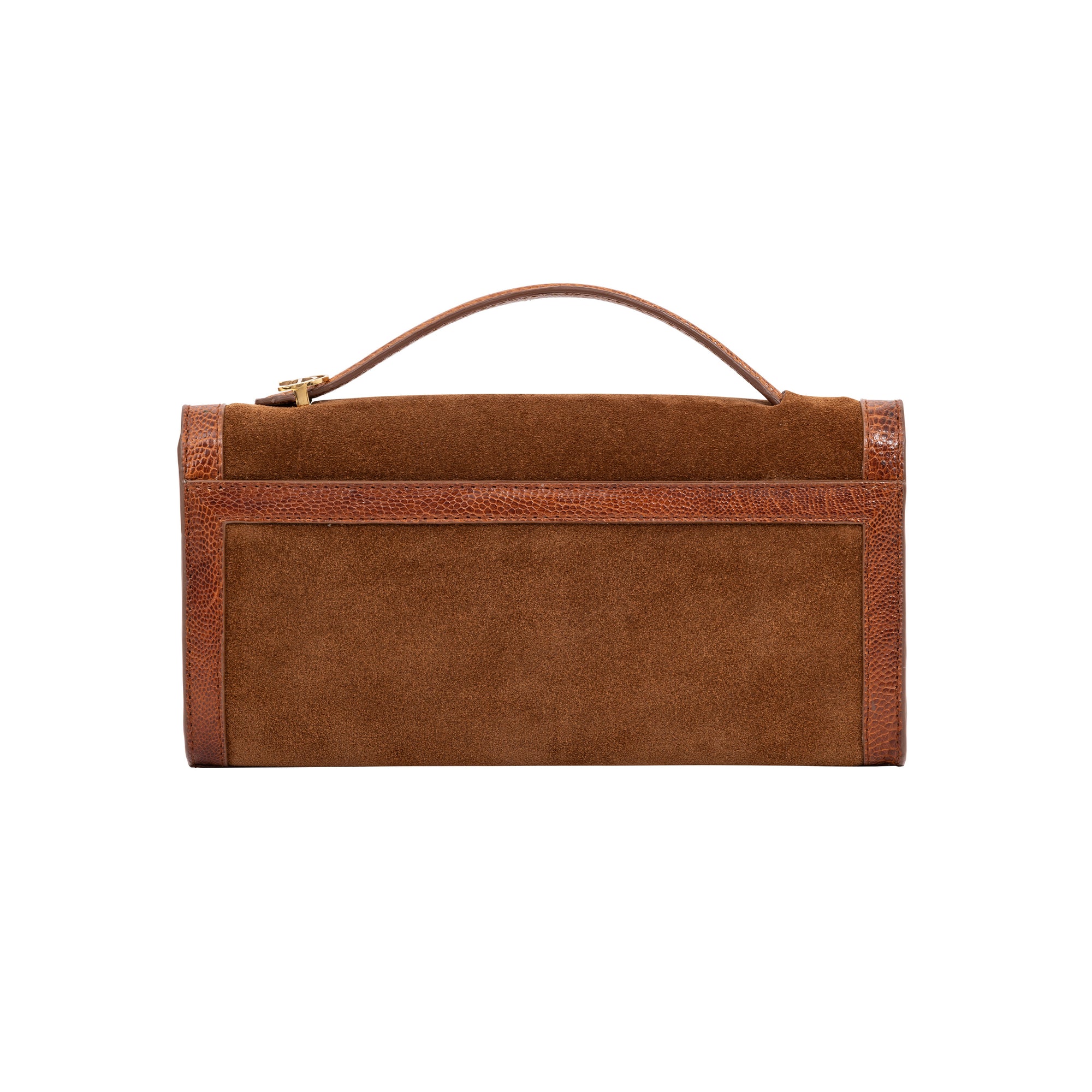 Back of brown suede handbag with a handle on a white background