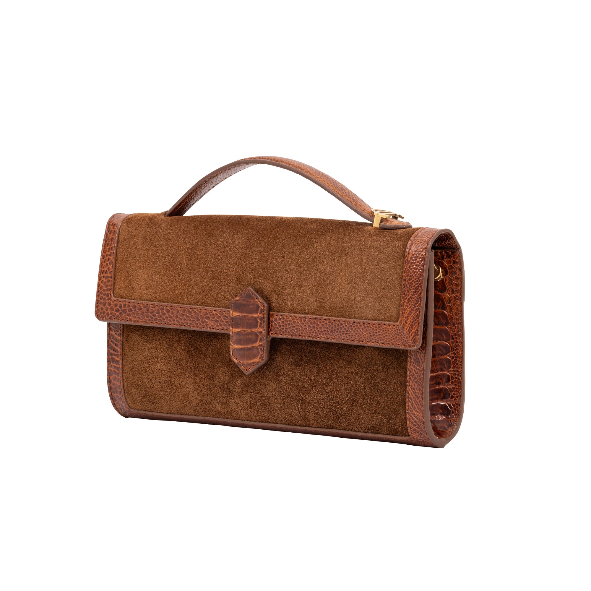 Side brown suede handbag with a handle on a white background