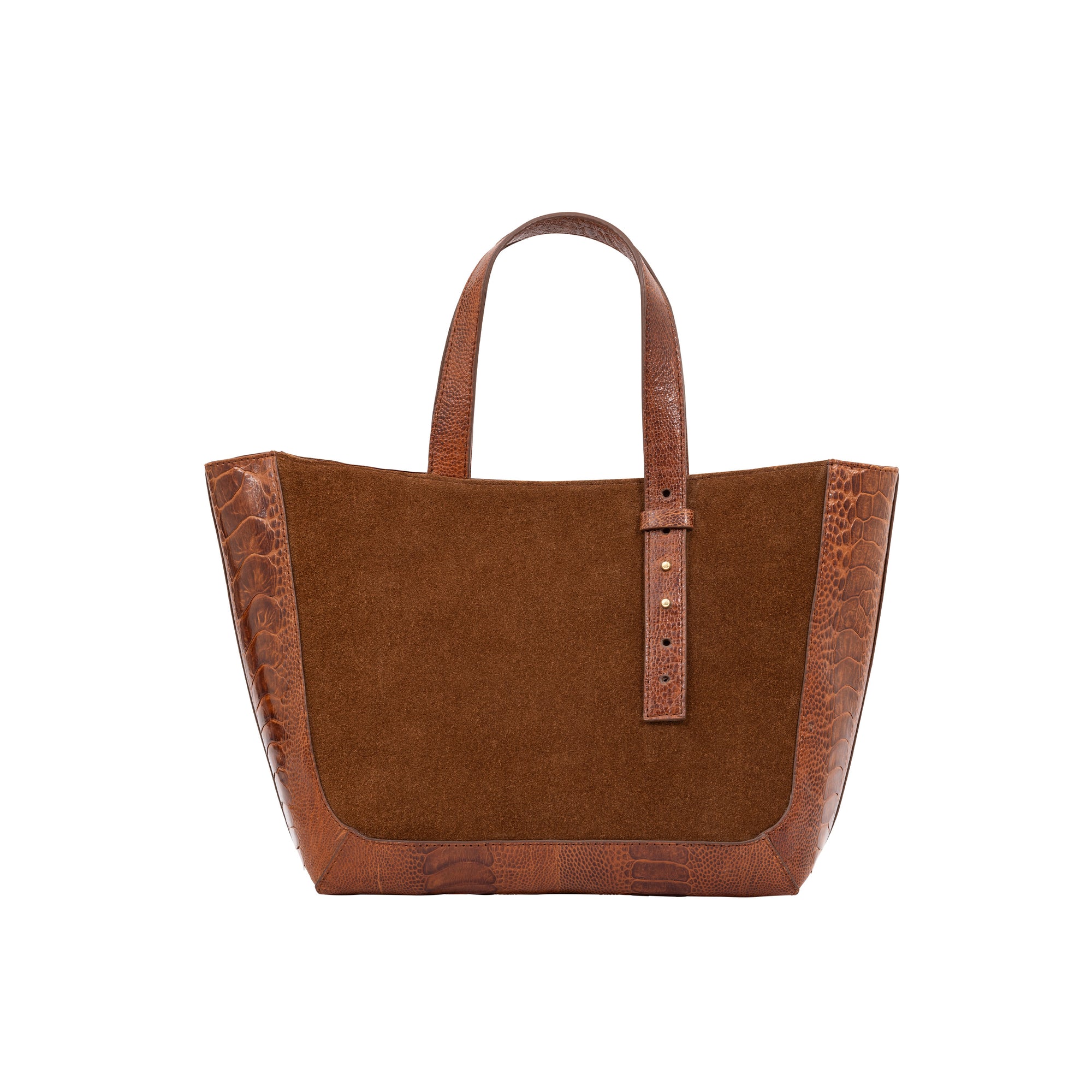 Brown semi suede-textured handbag on a white background