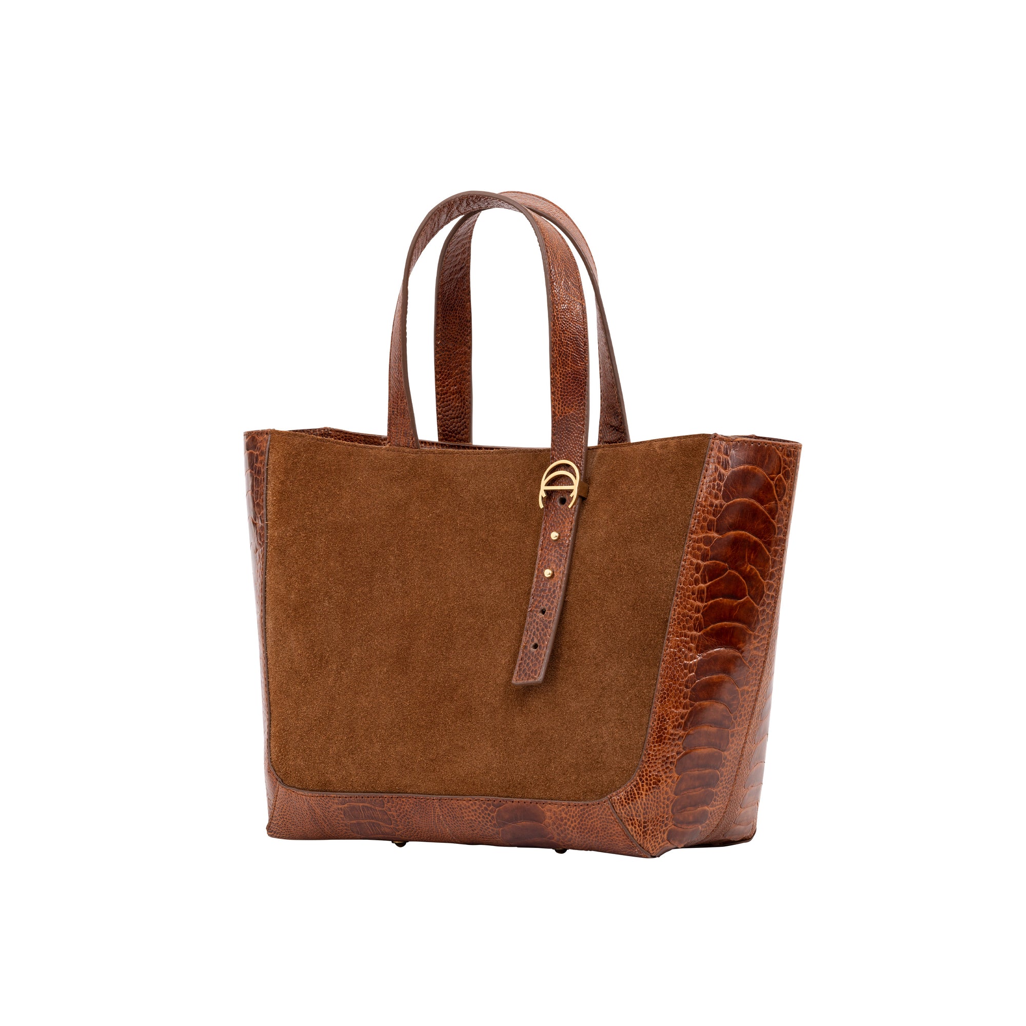 Brown semi suede-textured handbag on a white background
