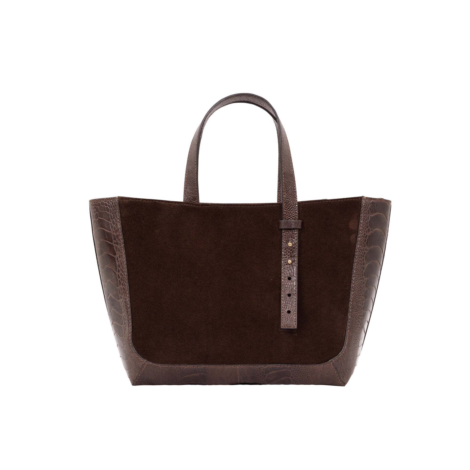 Dark brown semi suede-textured handbag on a white background
