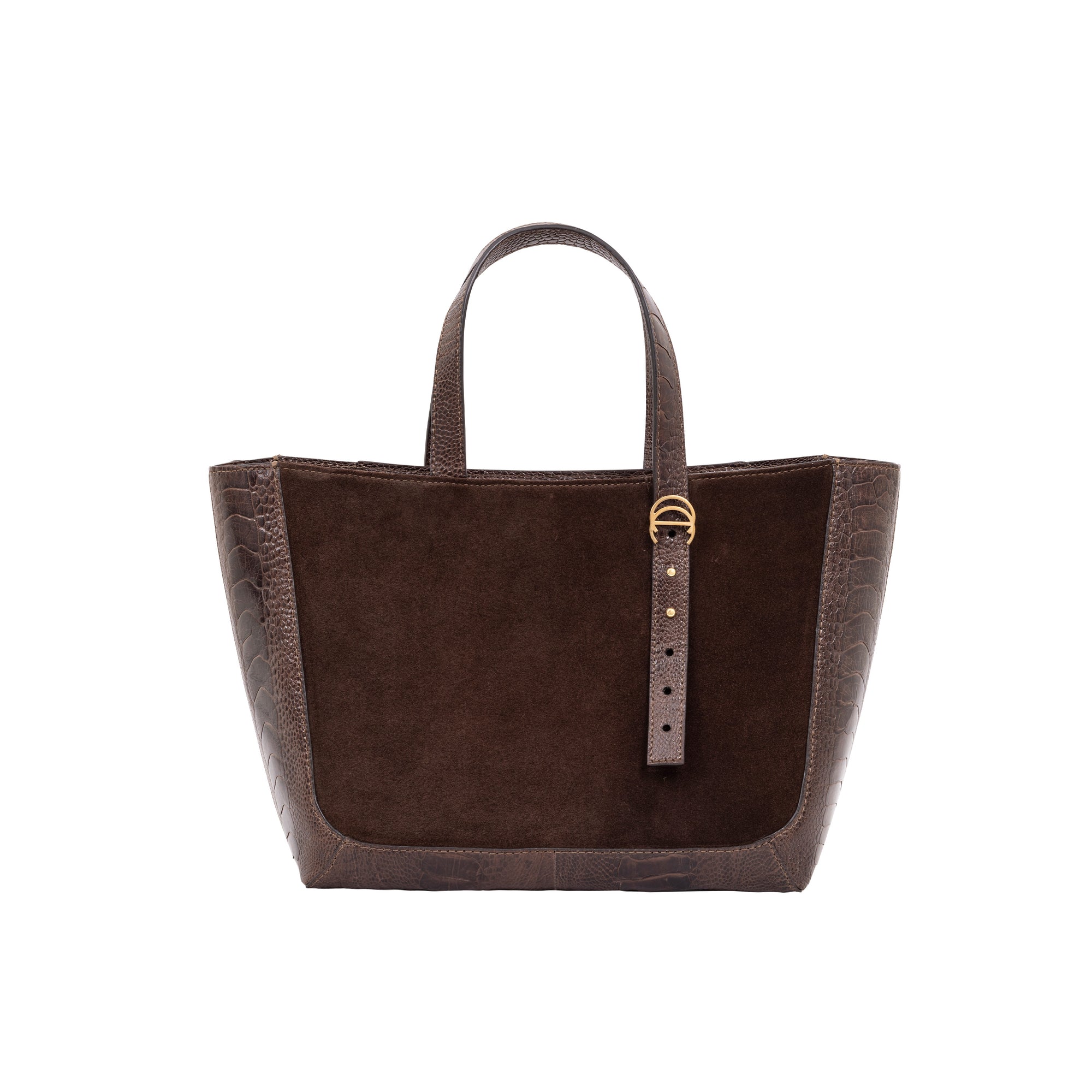 Dark brown semi suede-textured handbag on a white background