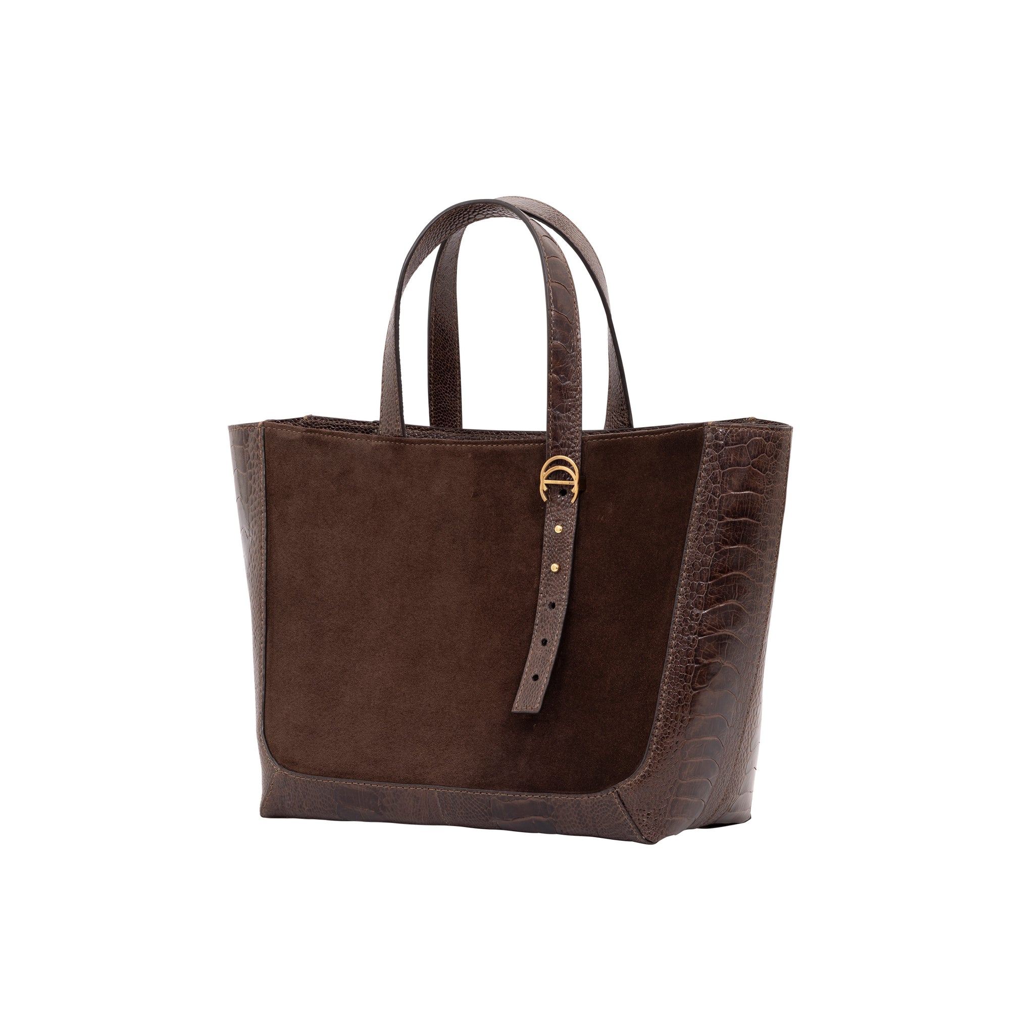 Dark brown semi suede-textured handbag on a white background