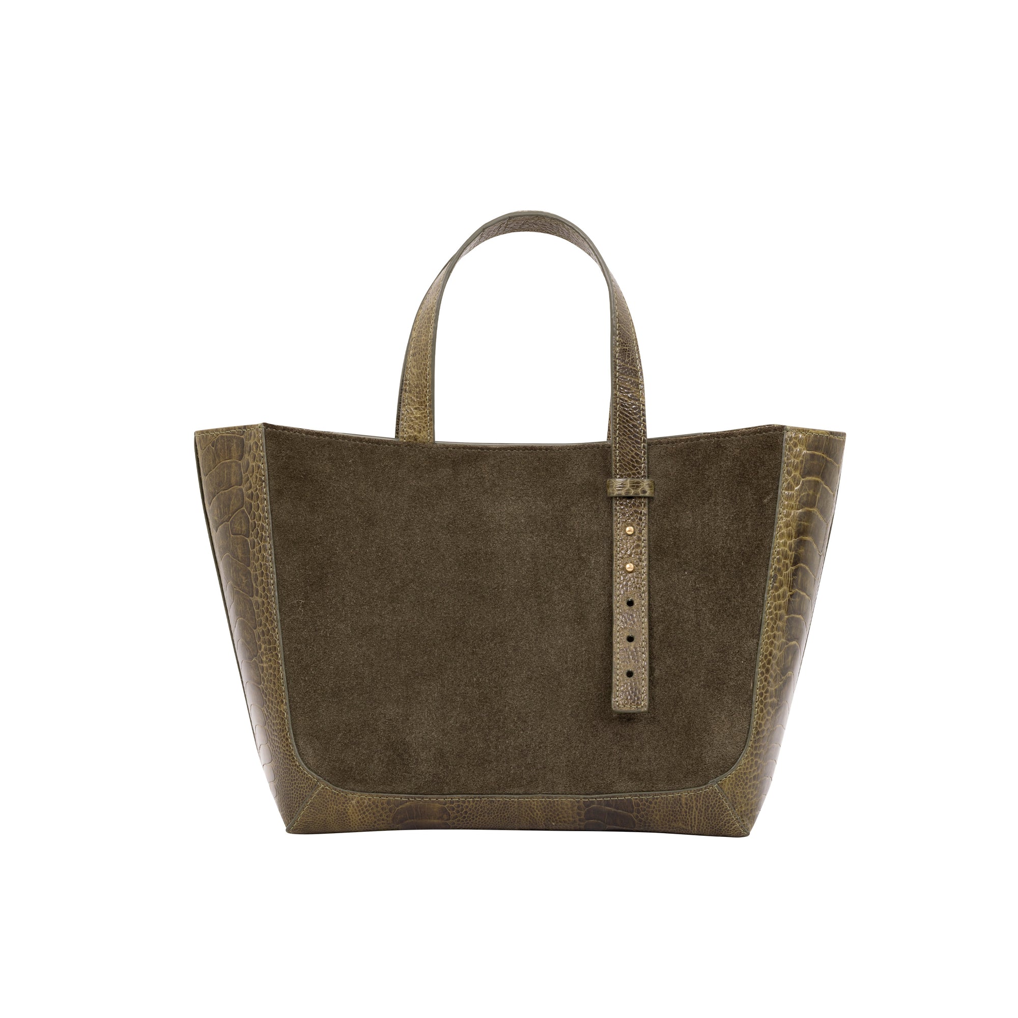 Olive semi suede-textured handbag on a white background