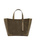Olive semi suede-textured handbag on a white background