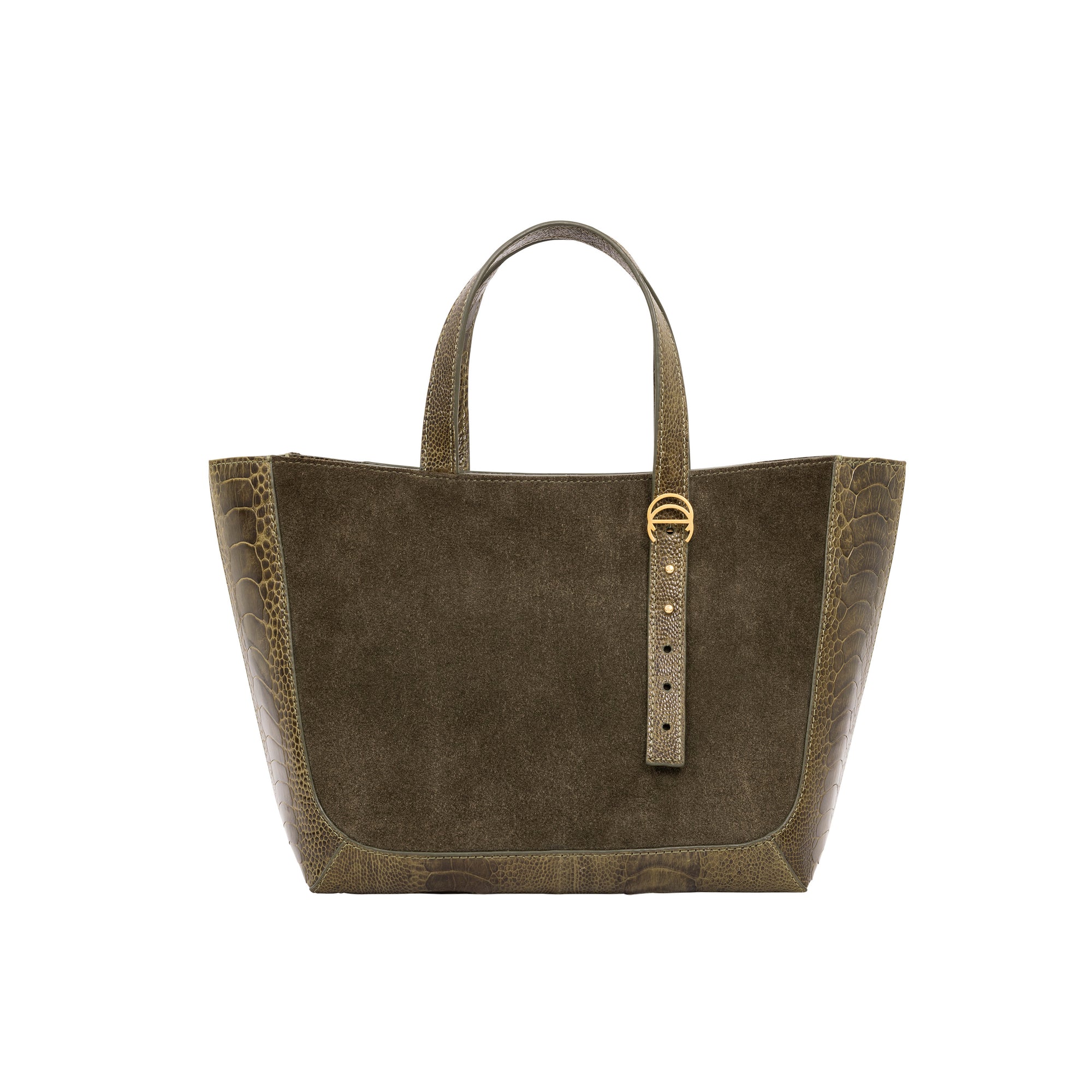 Olive semi suede-textured handbag on a white background