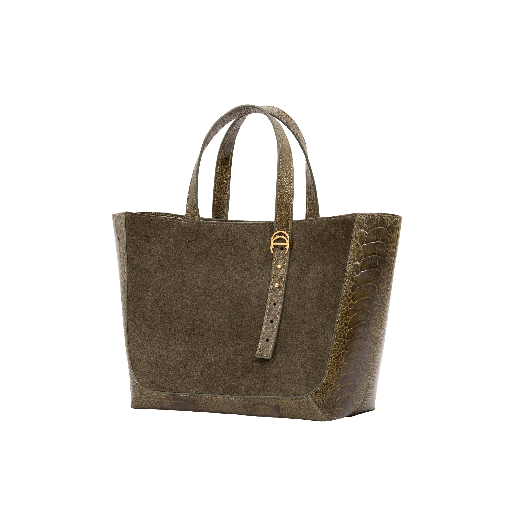 Olive semi suede-textured handbag on a white background