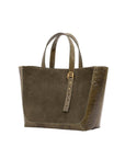Olive semi suede-textured handbag on a white background