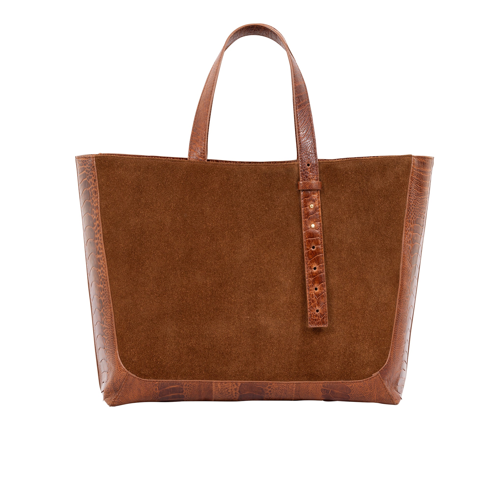 Cognac semi suede-textured handbag on a white background