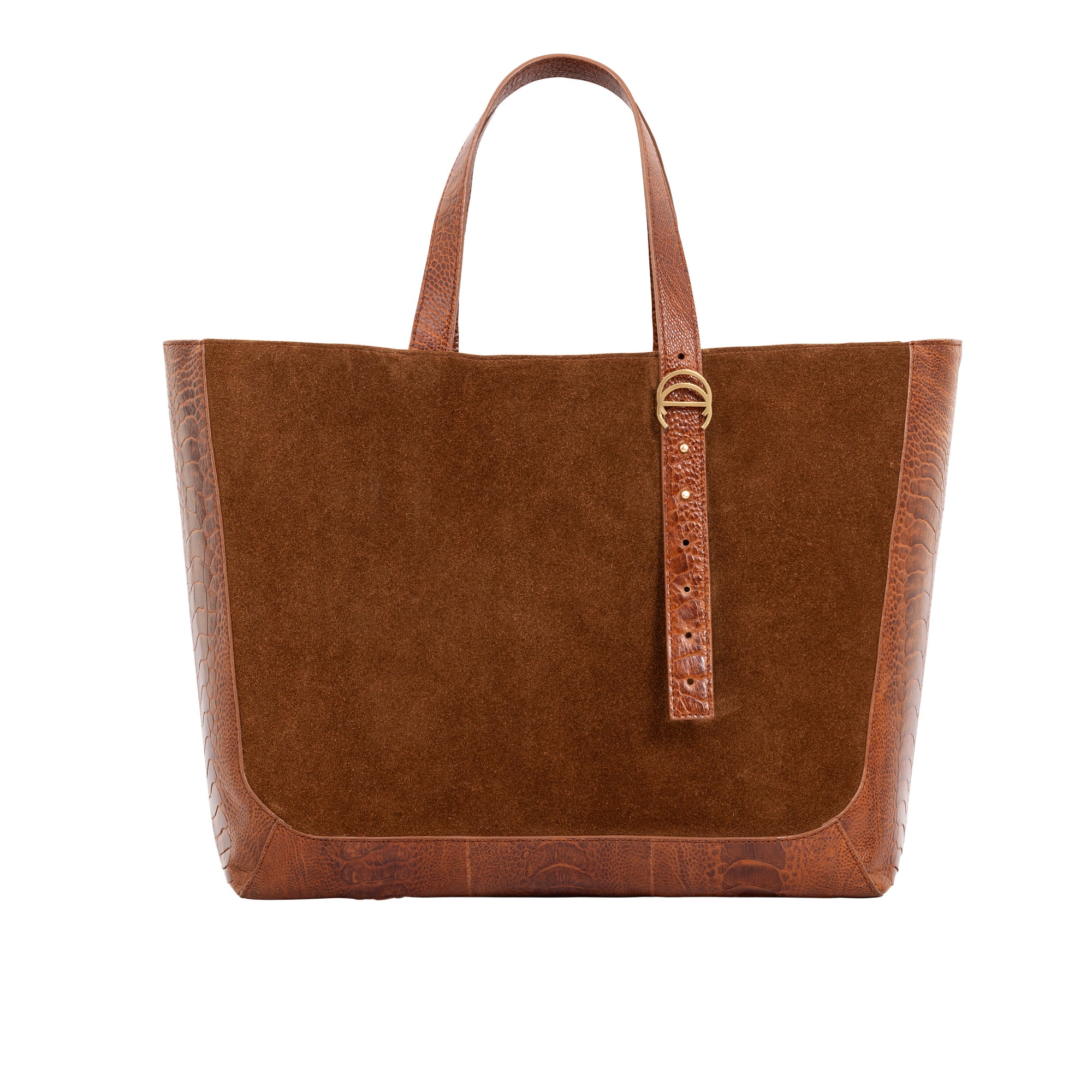 Cognac semi suede-textured handbag on a white background