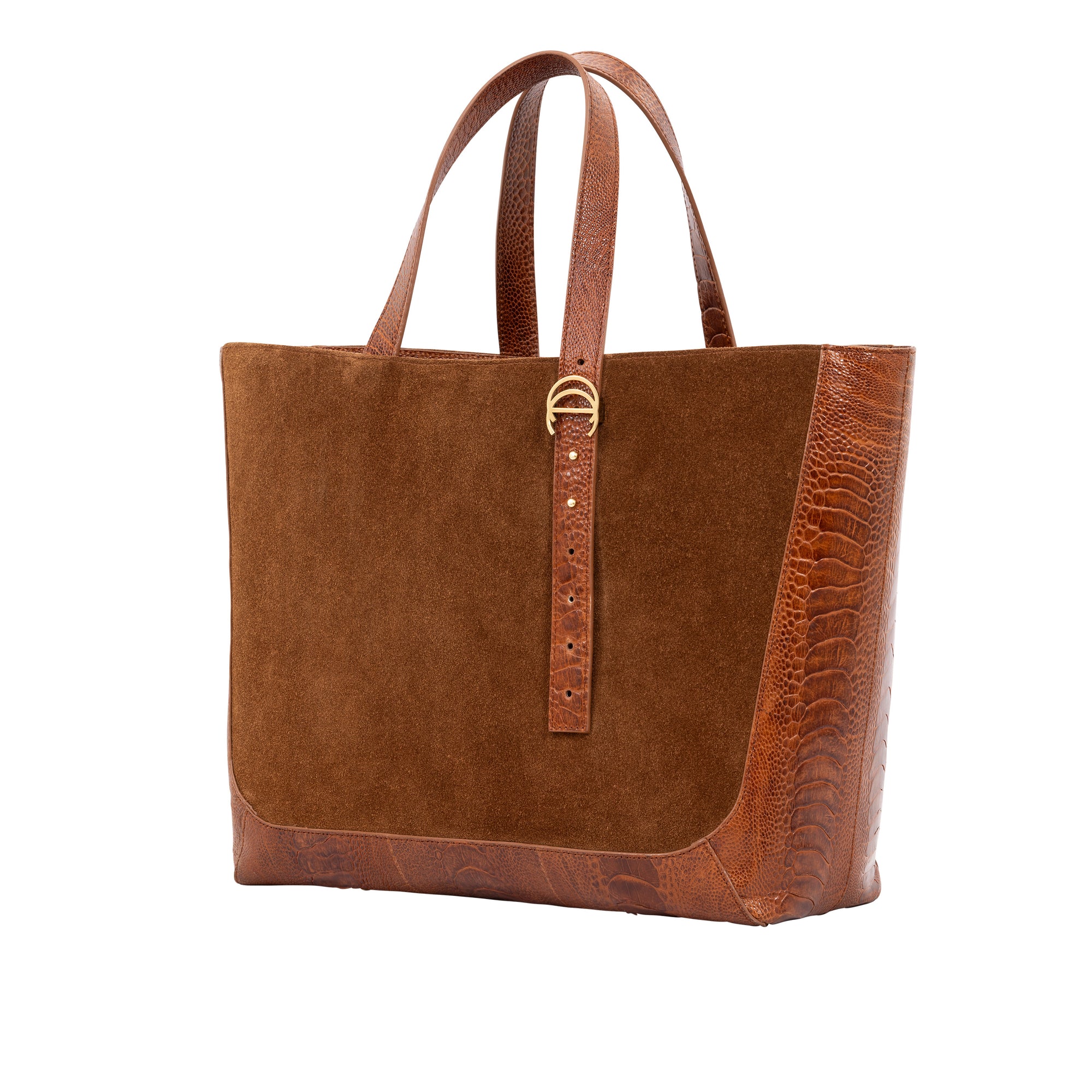 Cognac semi suede-textured handbag on a white background