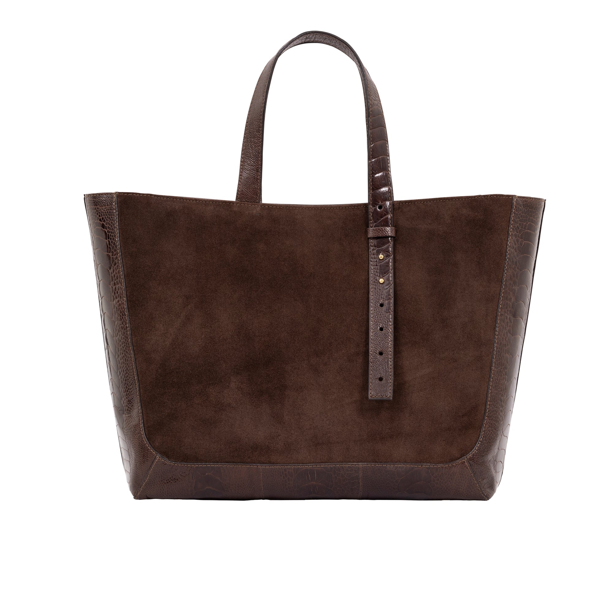 Brown semi suede-textured handbag on a white background