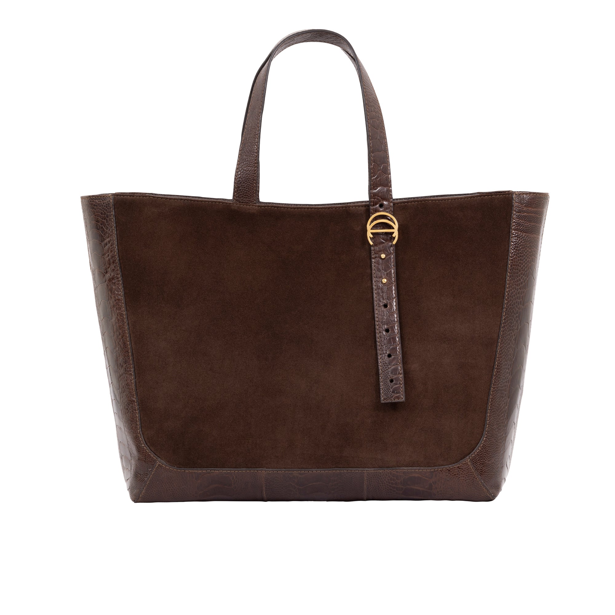 Brown semi suede-textured handbag on a white background