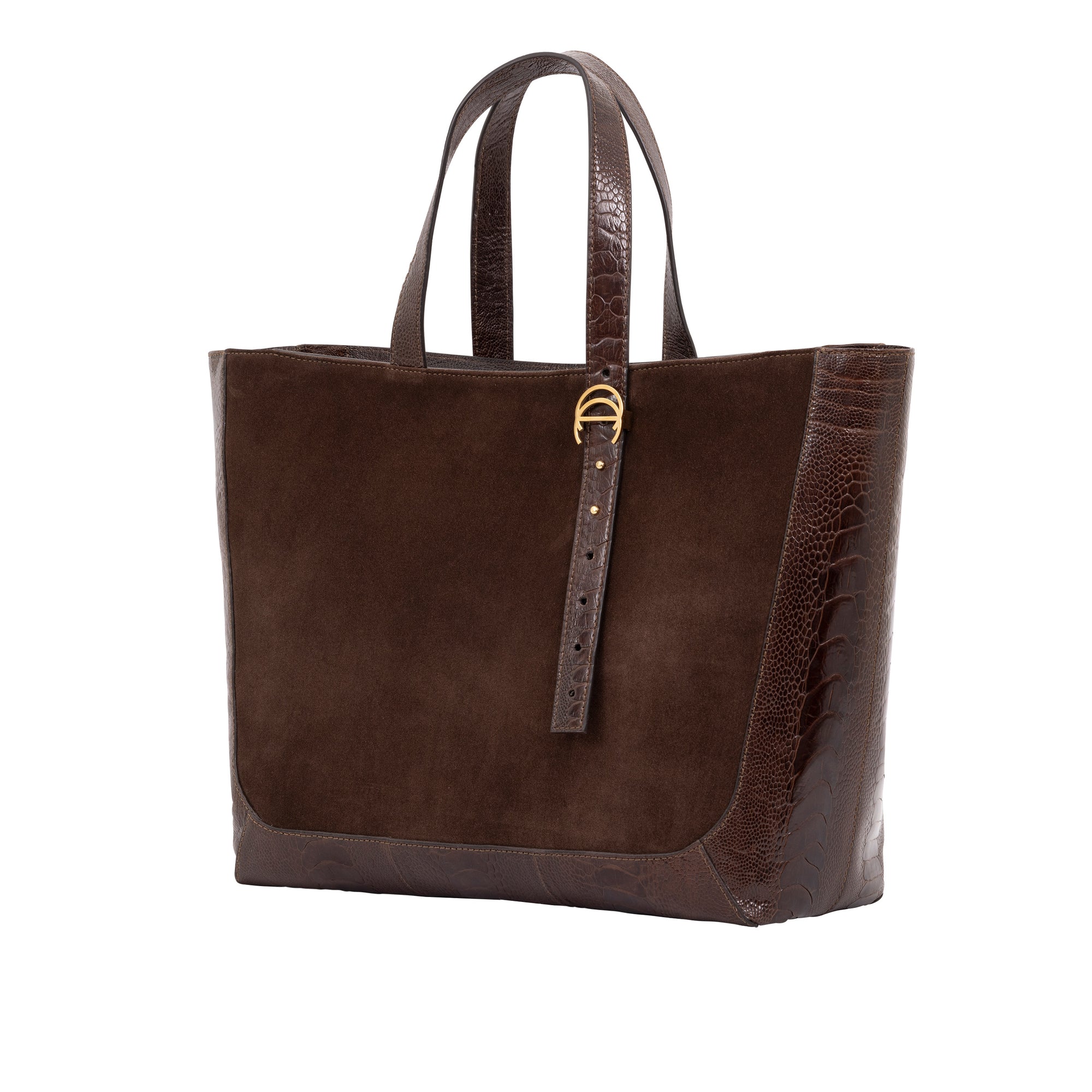 Brown semi suede-textured handbag on a white background