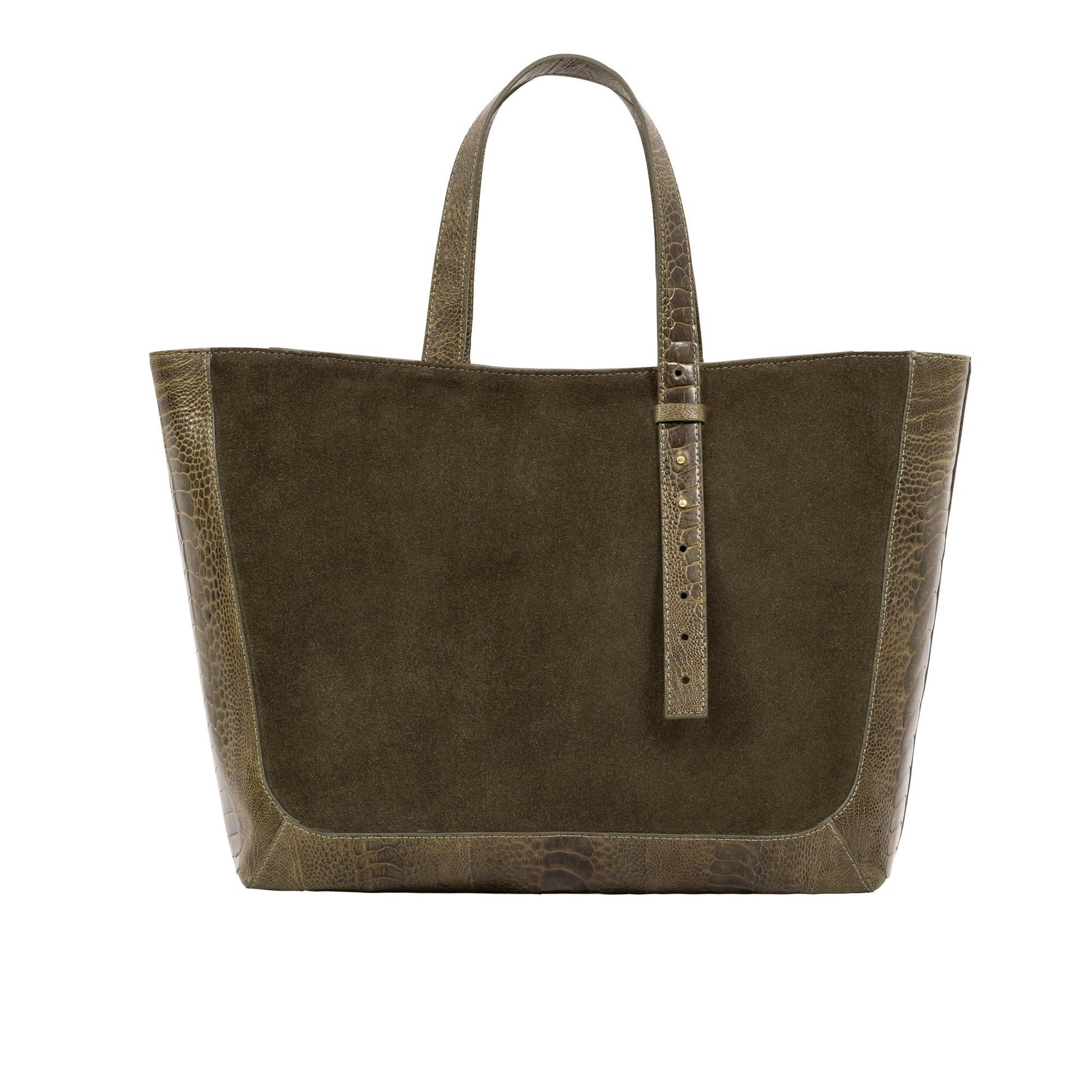 Olive semi suede-textured handbag on a white background