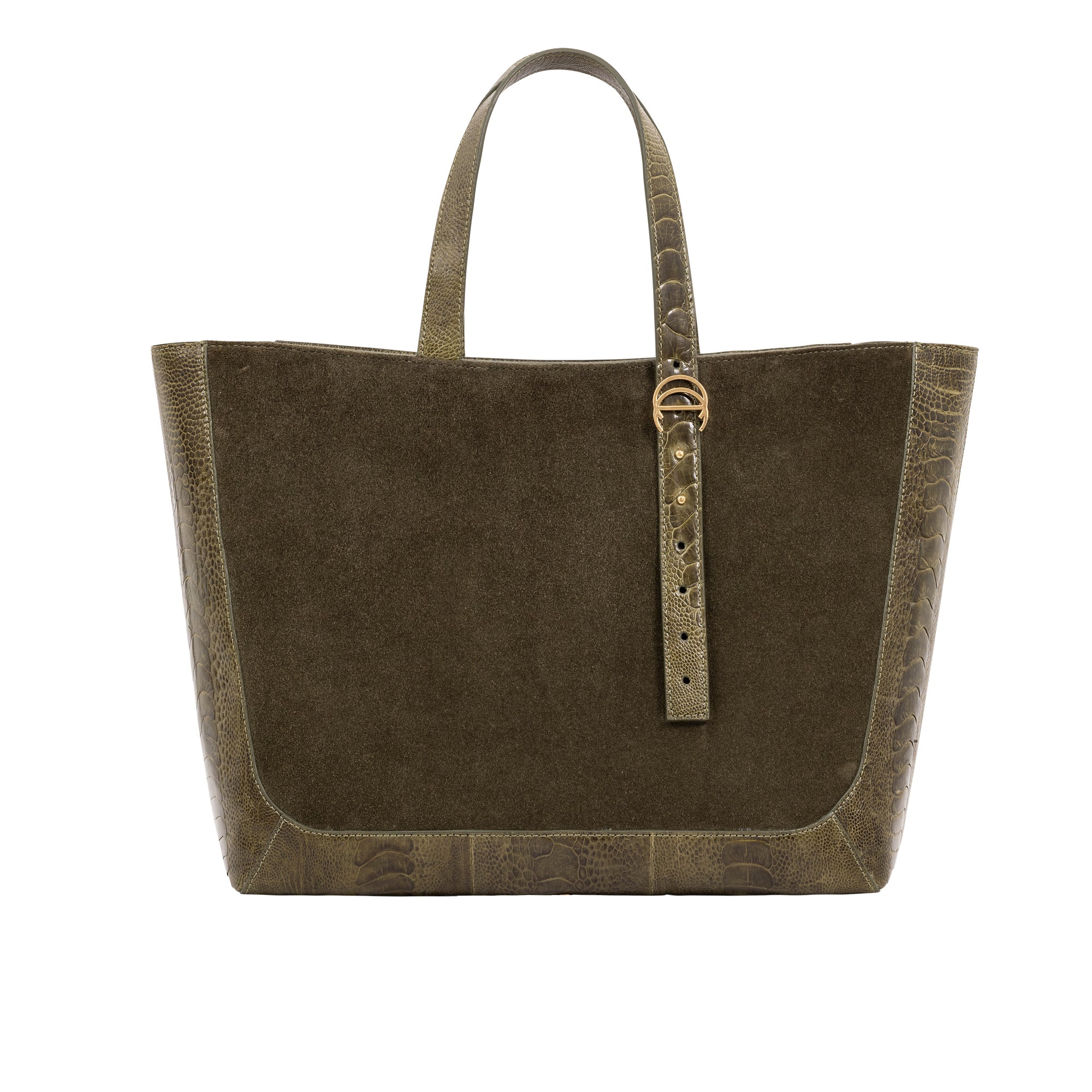 Olive semi suede-textured handbag on a white background