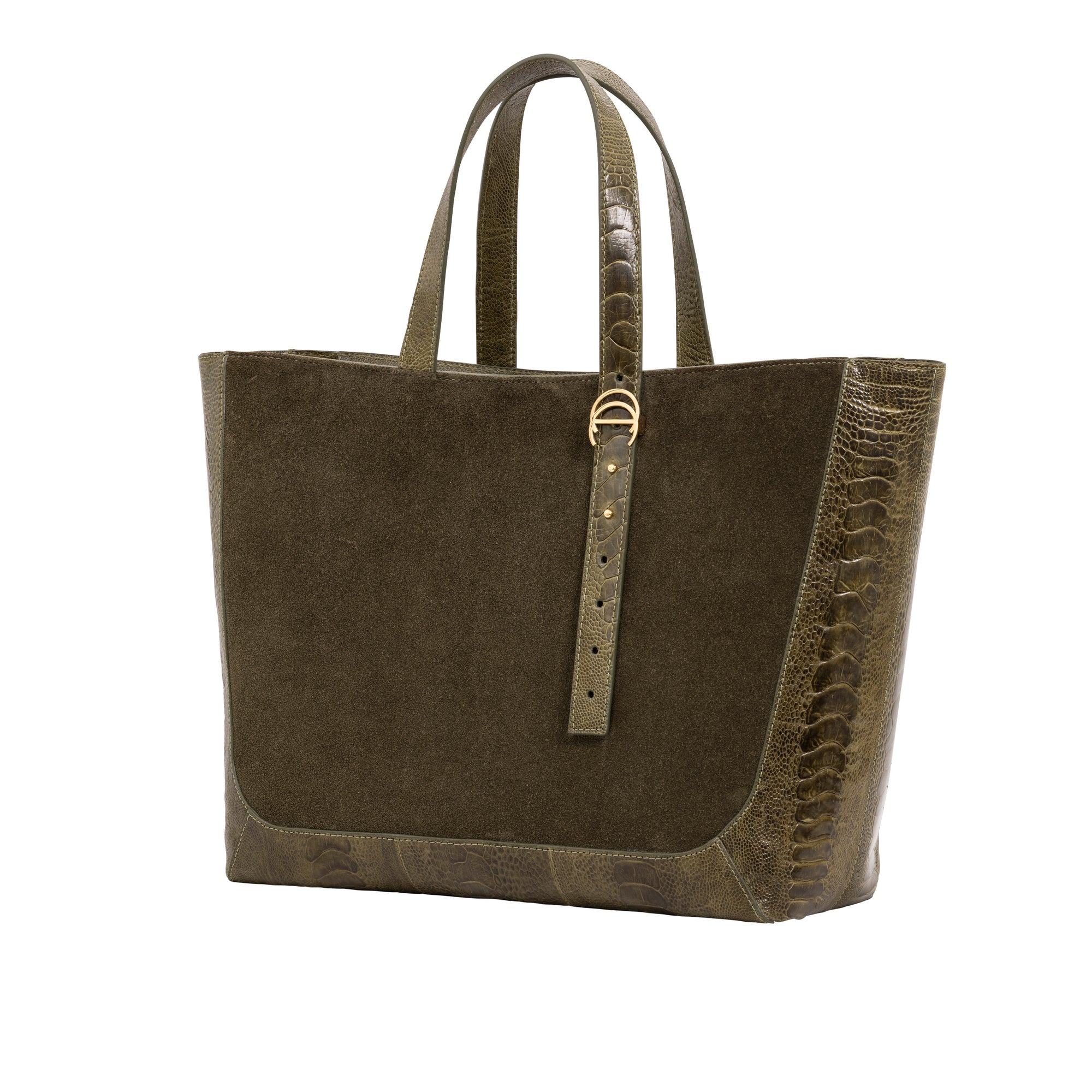 Olive semi suede-textured handbag on a white background